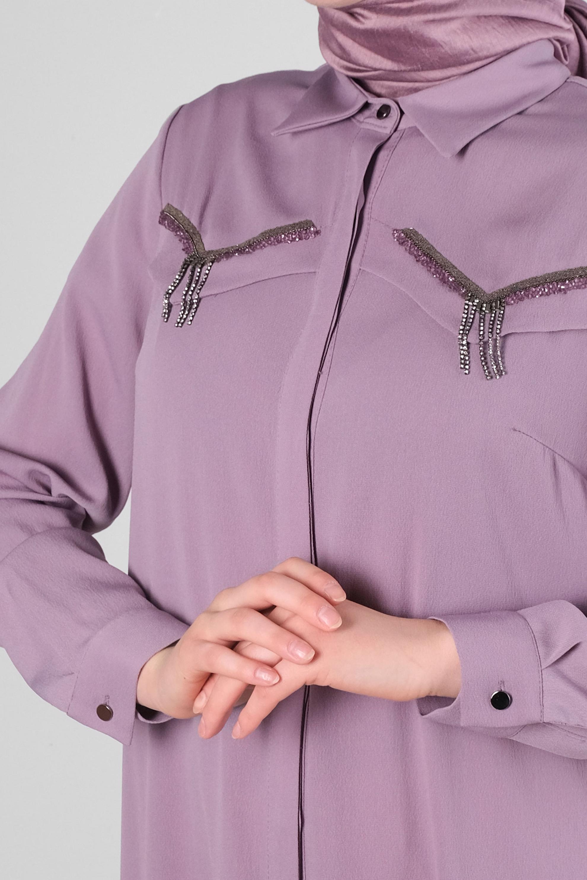 Tesettür giyim MOR ZİNCİR DETAYLI GÖMLEK YAKA TUNİK 43531