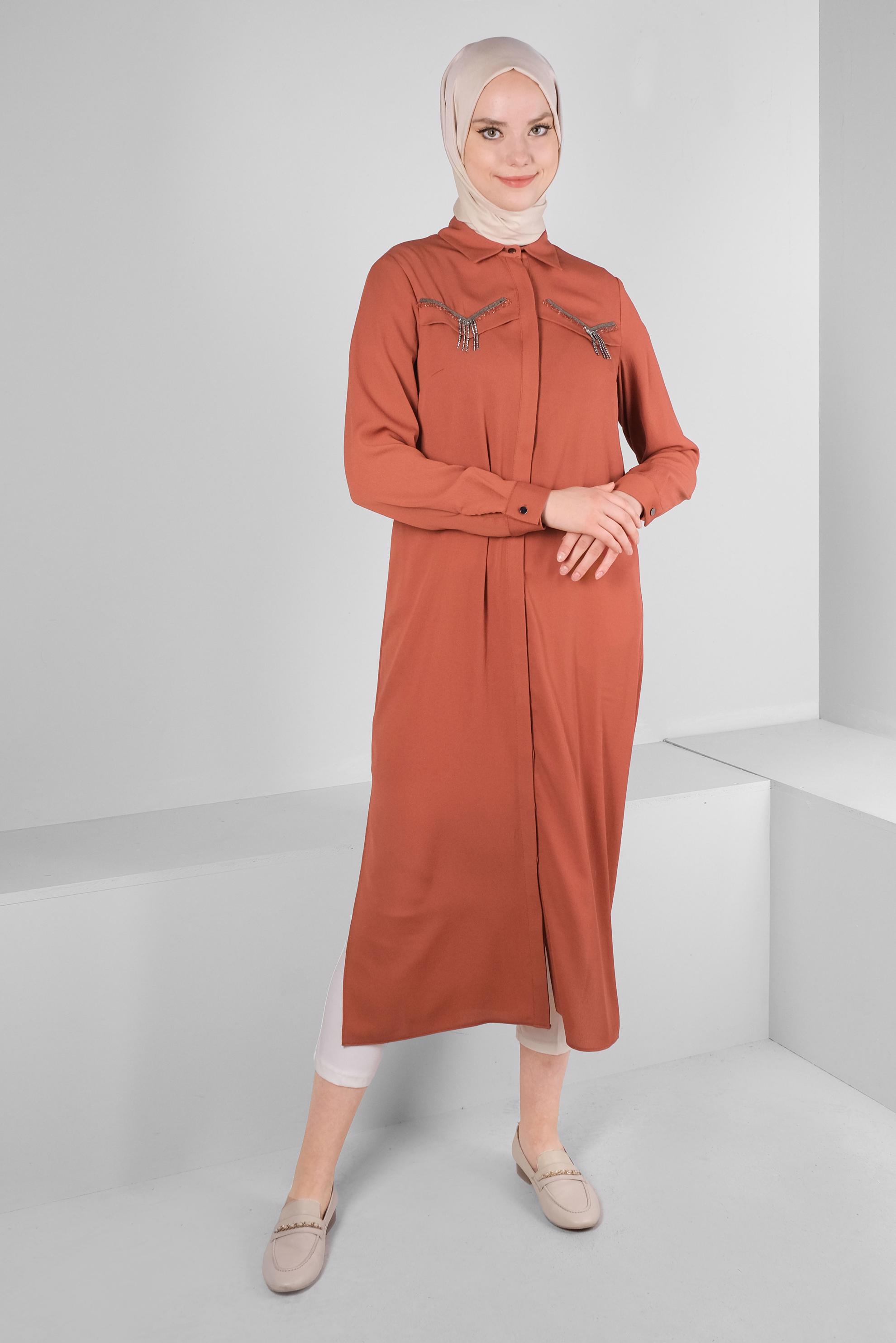 Tesettür giyim TURUNCU ZİNCİR DETAYLI GÖMLEK YAKA TUNİK 43531