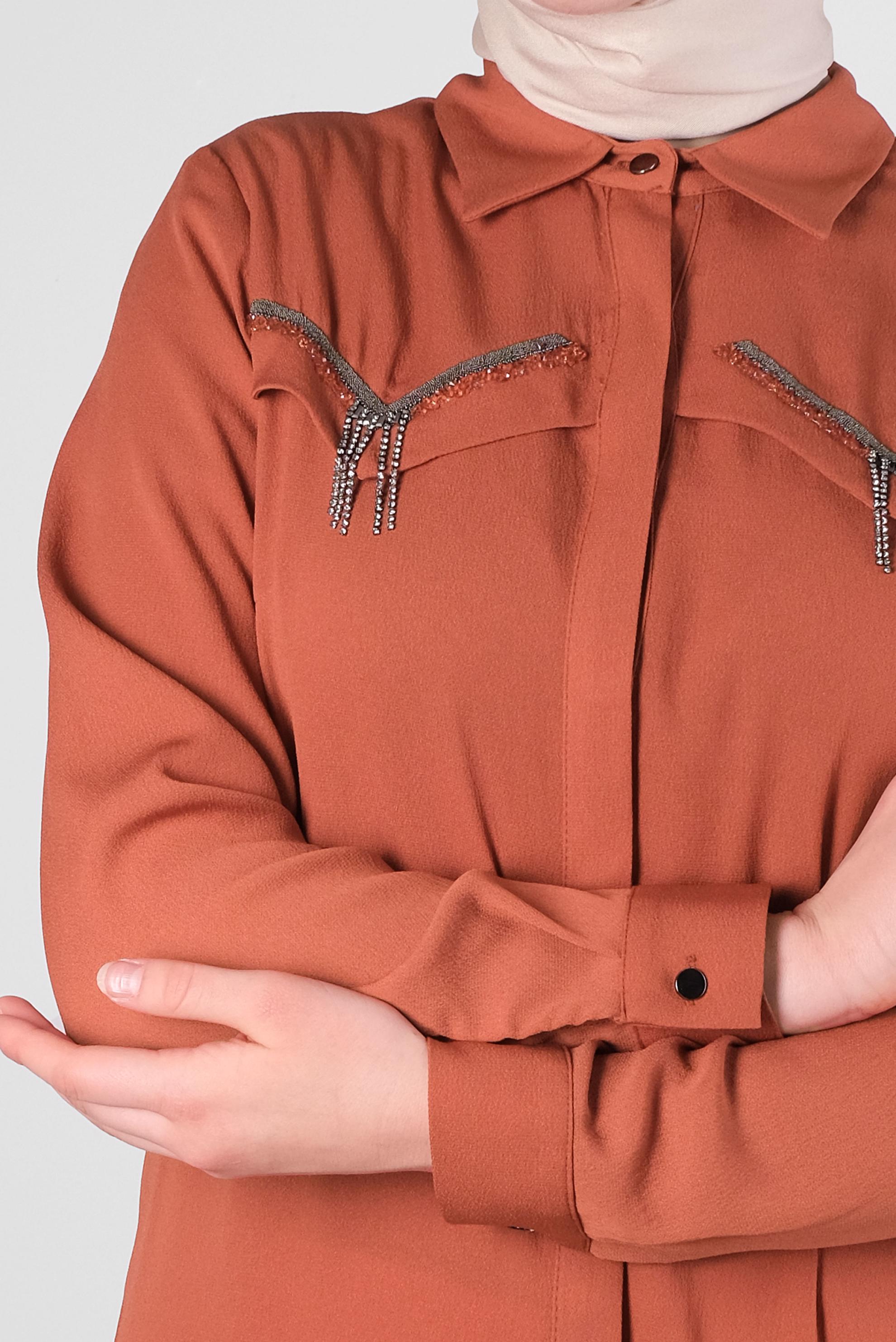 Tesettür giyim TURUNCU ZİNCİR DETAYLI GÖMLEK YAKA TUNİK 43531