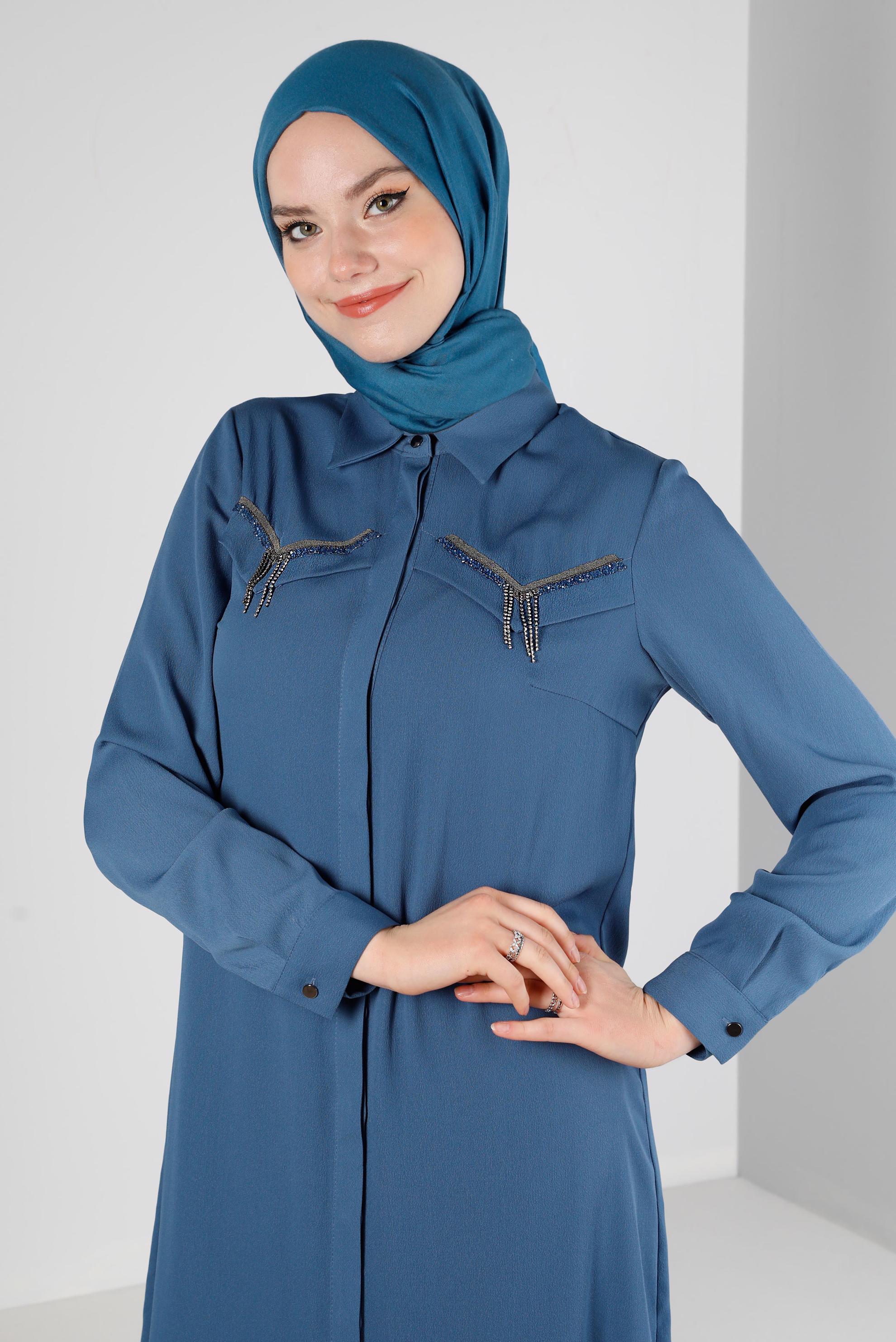 Tesettür giyim LACİVERT ZİNCİR DETAYLI GÖMLEK YAKA TUNİK 43531