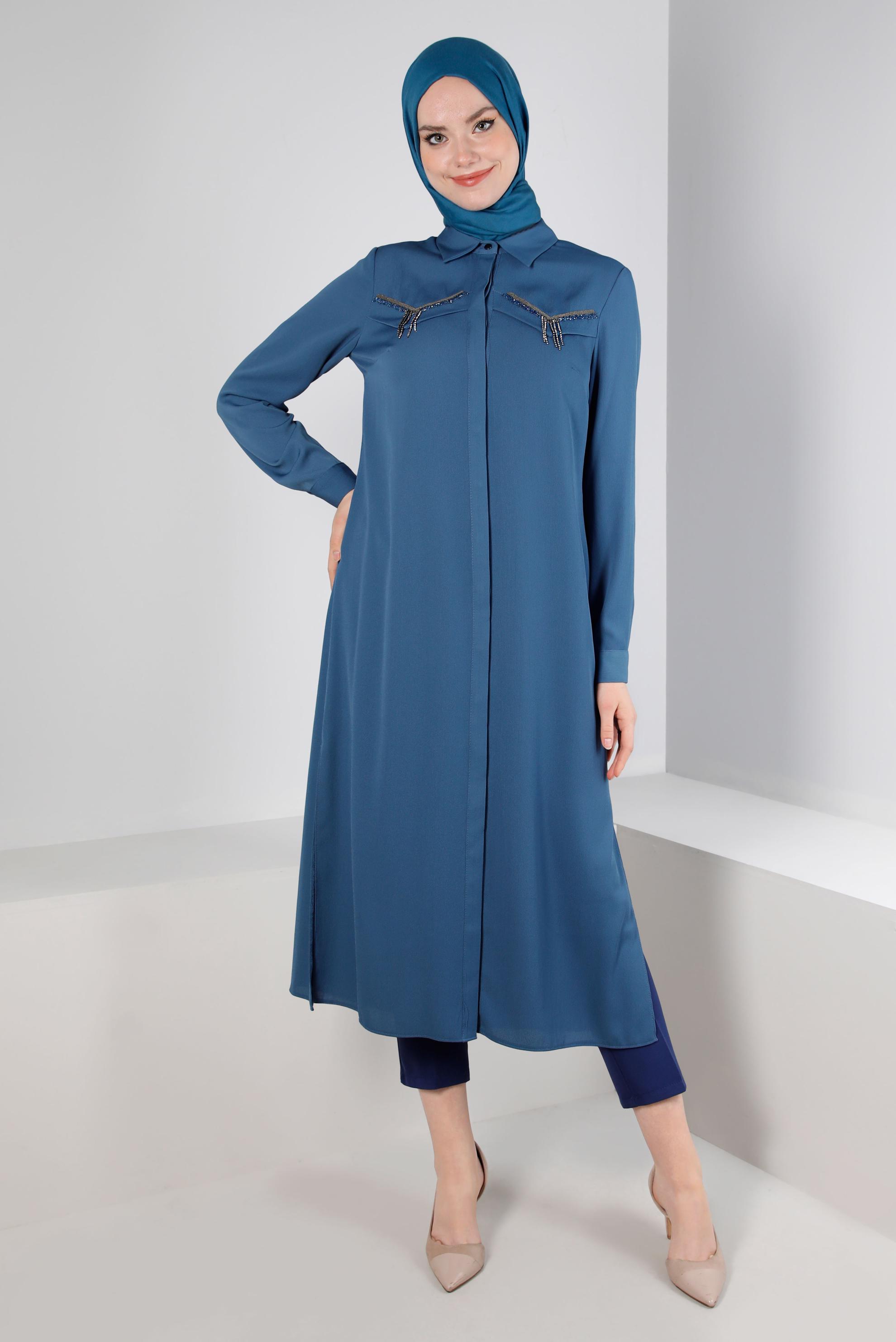 Tesettür giyim LACİVERT ZİNCİR DETAYLI GÖMLEK YAKA TUNİK 43531