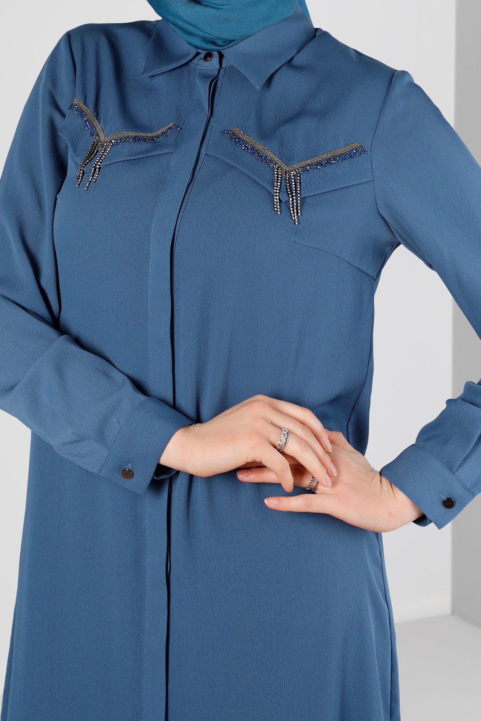 Tesettür giyim LACİVERT ZİNCİR DETAYLI GÖMLEK YAKA TUNİK 43531