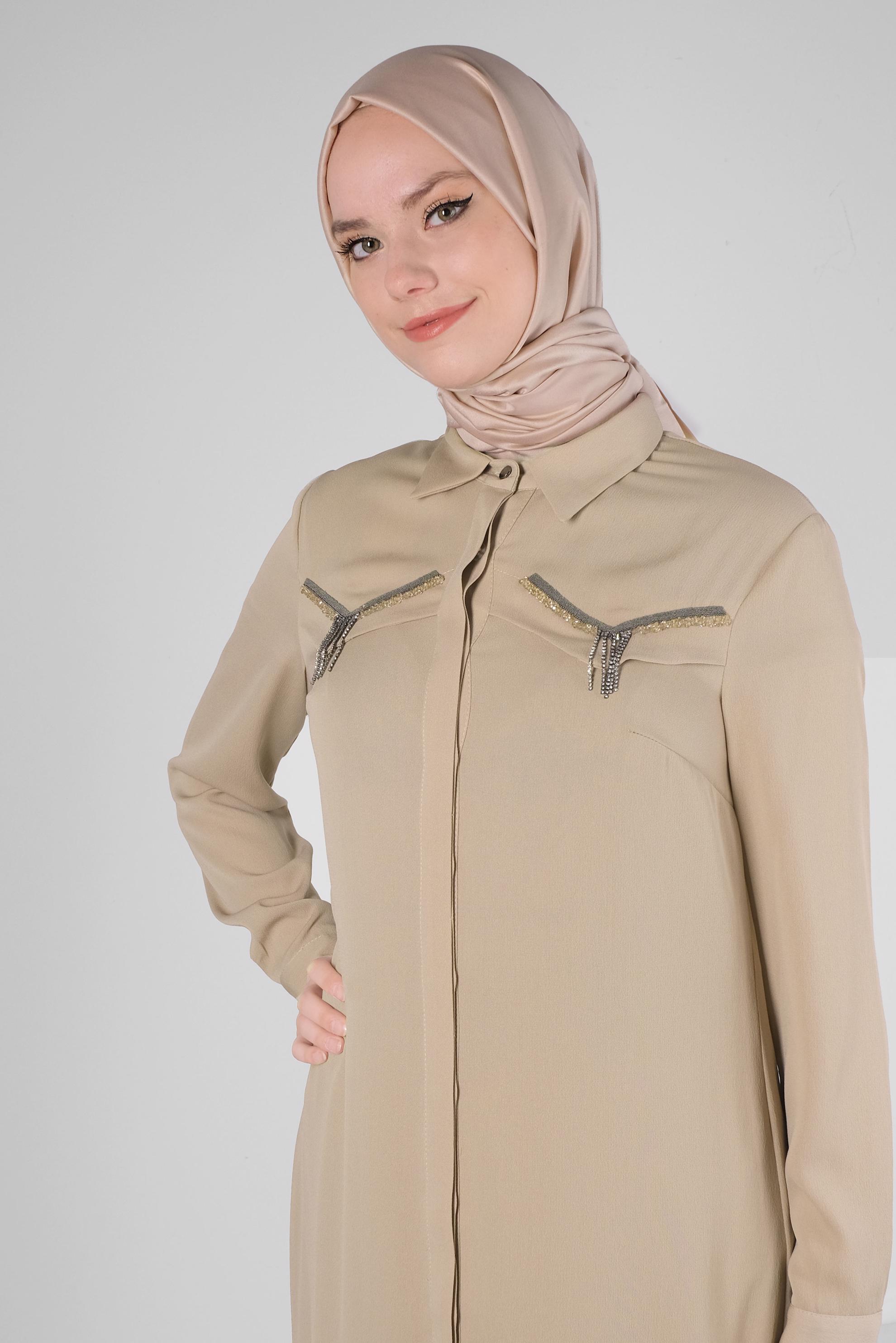 Tesettür giyim VİZON ZİNCİR DETAYLI GÖMLEK YAKA TUNİK 43531