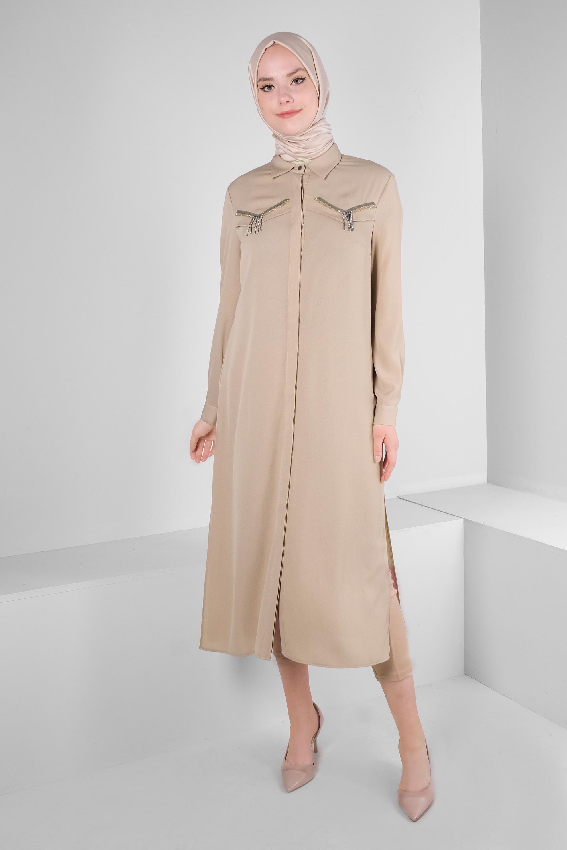 Tesettür giyim VİZON ZİNCİR DETAYLI GÖMLEK YAKA TUNİK 43531