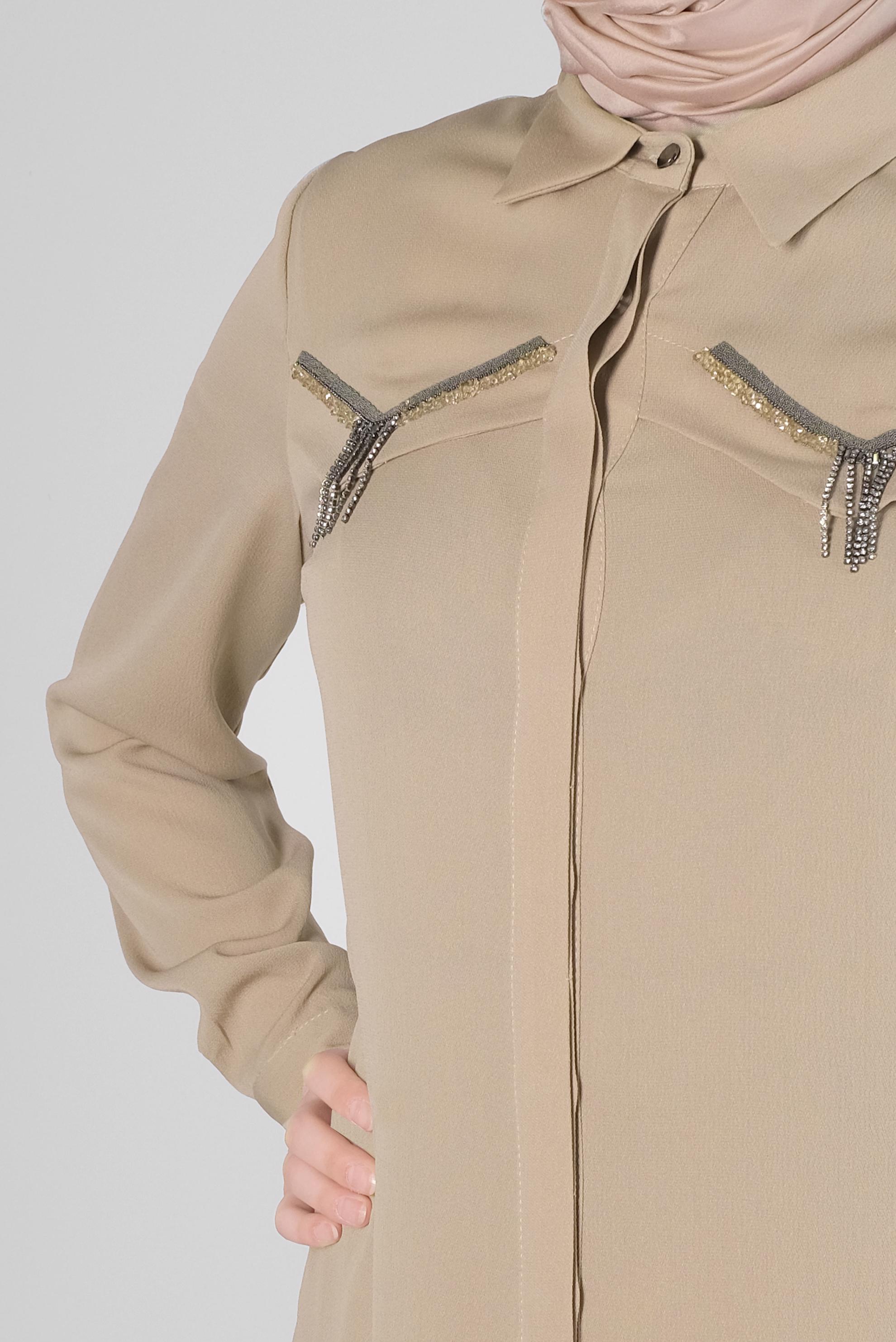 Tesettür giyim VİZON ZİNCİR DETAYLI GÖMLEK YAKA TUNİK 43531