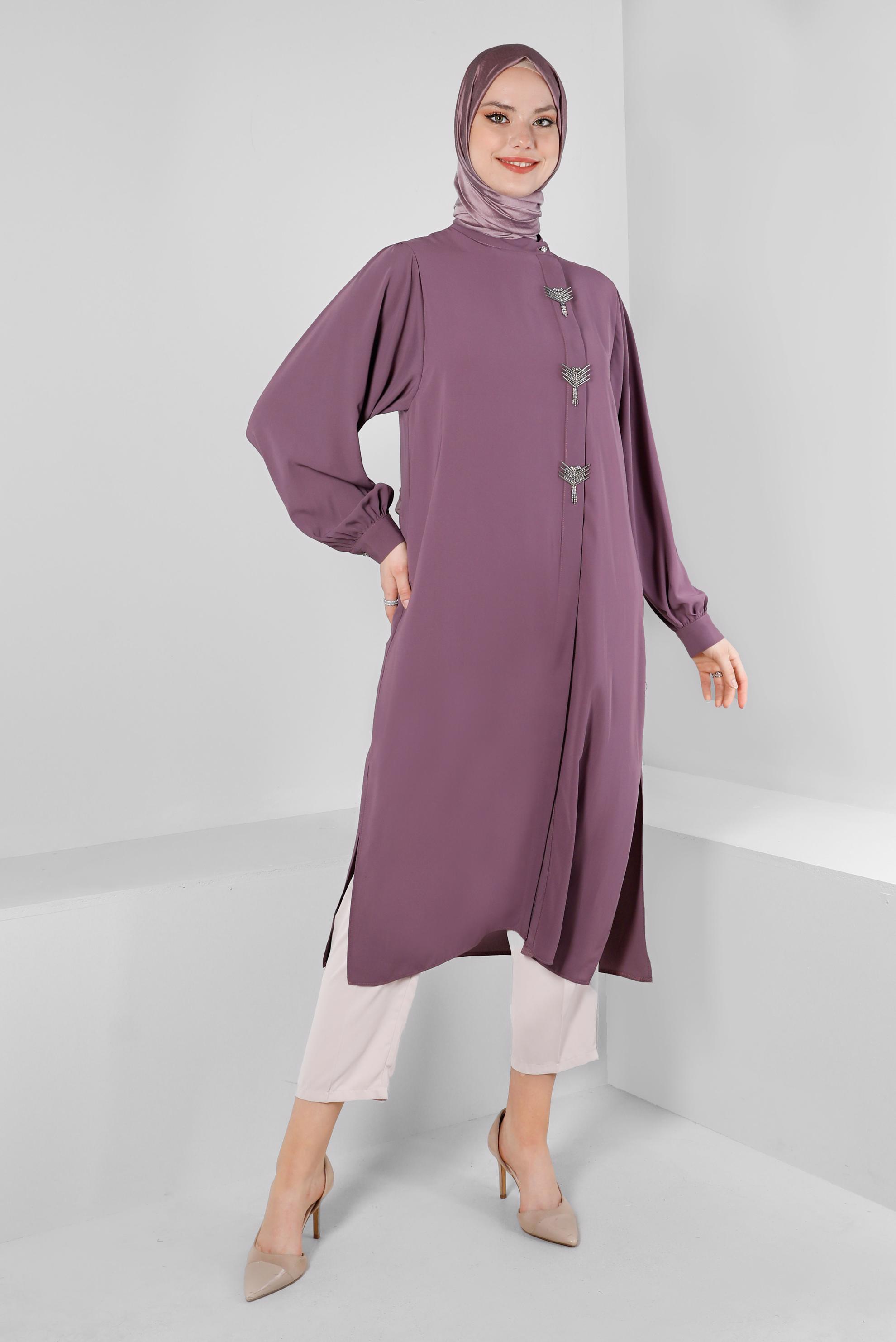 Tesettür giyim MOR AKSESUAR DETAYLI GENİŞ KOL TUNİK 43532