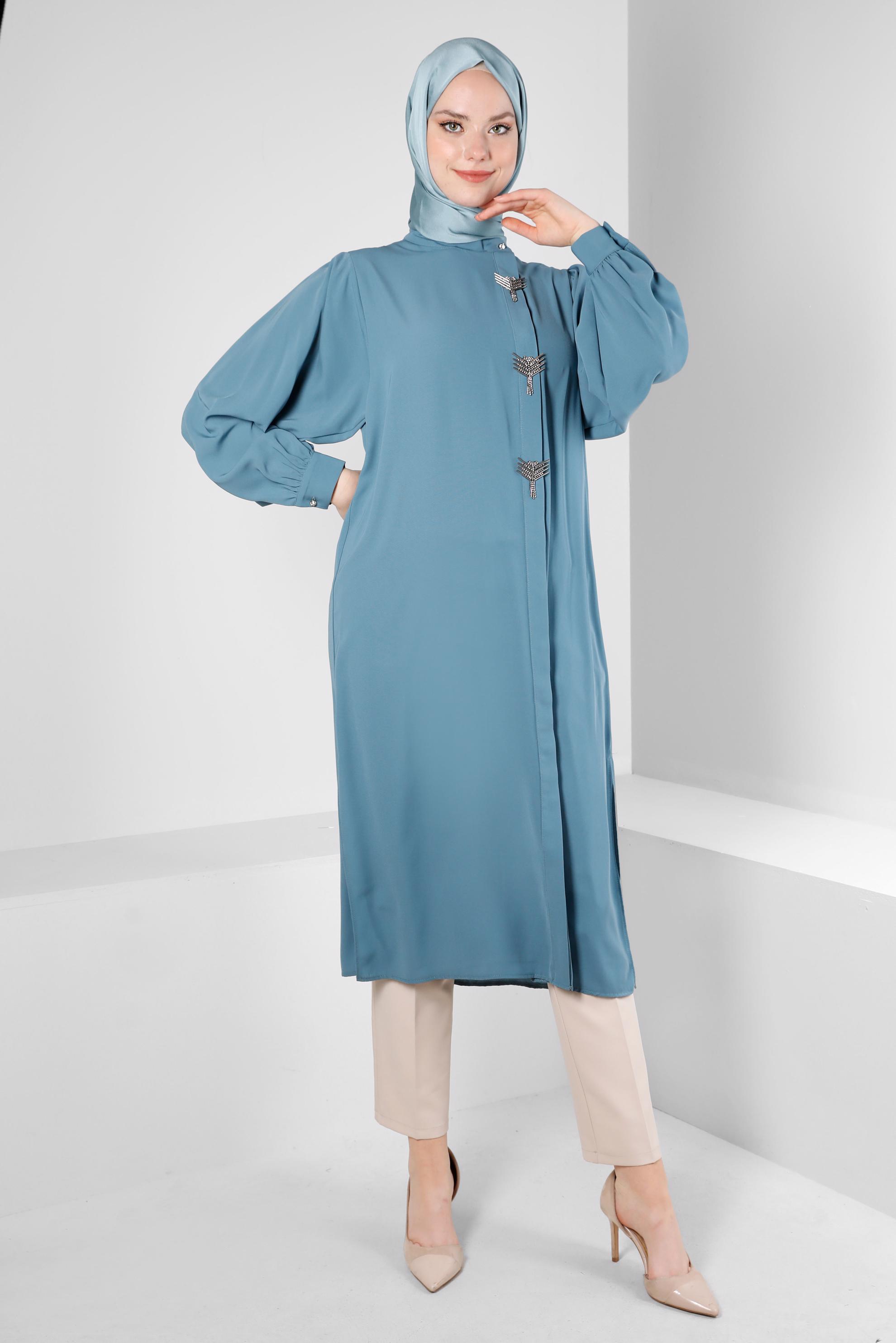 Tesettür giyim YEŞİL AKSESUAR DETAYLI GENİŞ KOL TUNİK 43532