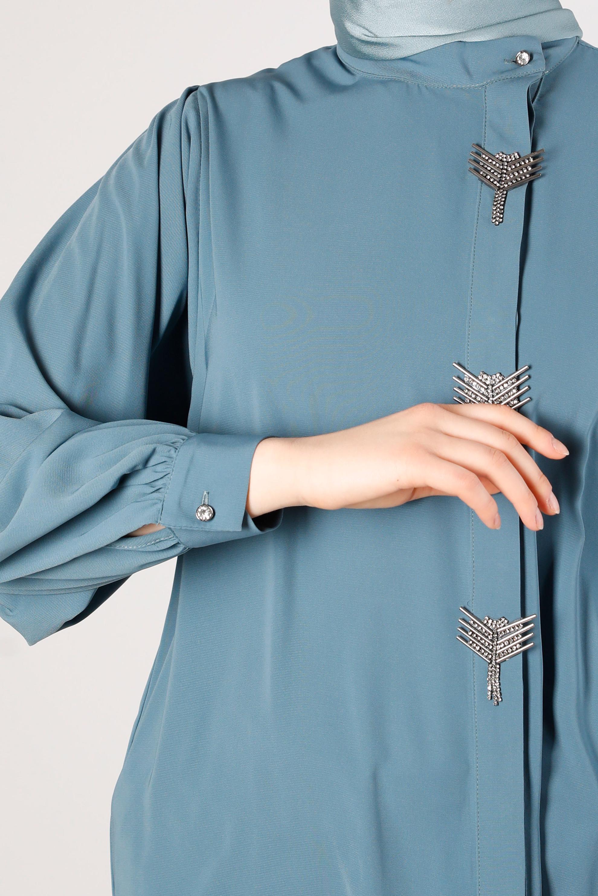 Tesettür giyim YEŞİL AKSESUAR DETAYLI GENİŞ KOL TUNİK 43532