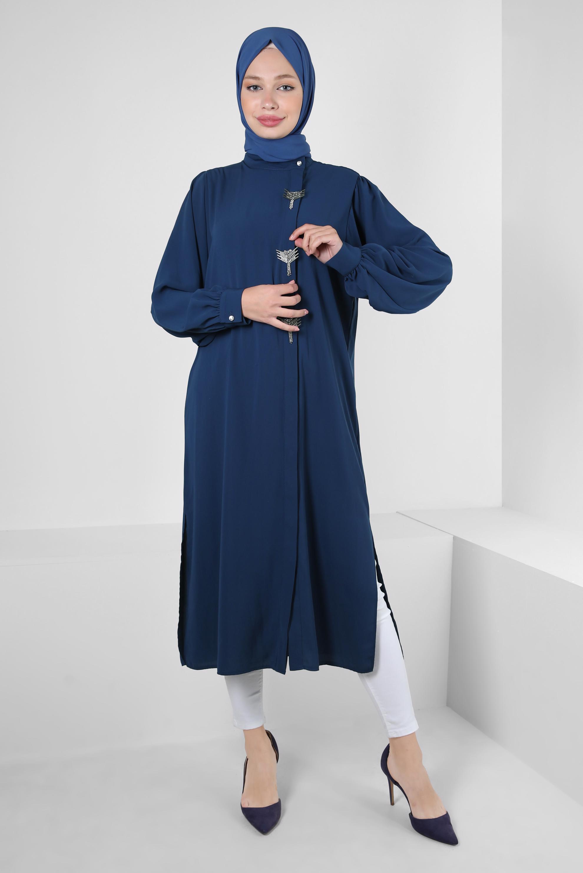 Tesettür giyim LACİVERT AKSESUAR DETAYLI GENİŞ KOL TUNİK 43532