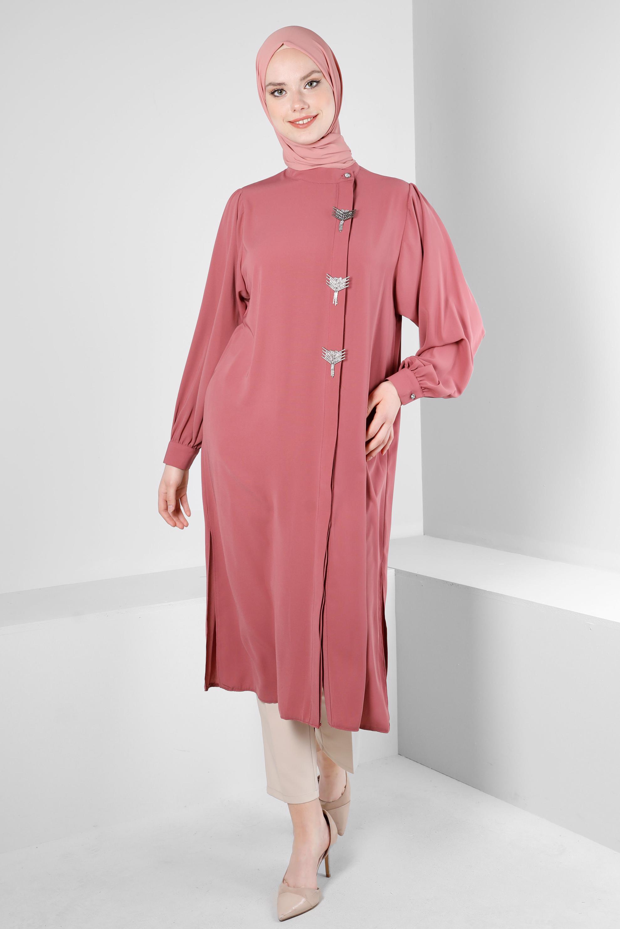 Tesettür giyim PEMBE AKSESUAR DETAYLI GENİŞ KOL TUNİK 43532