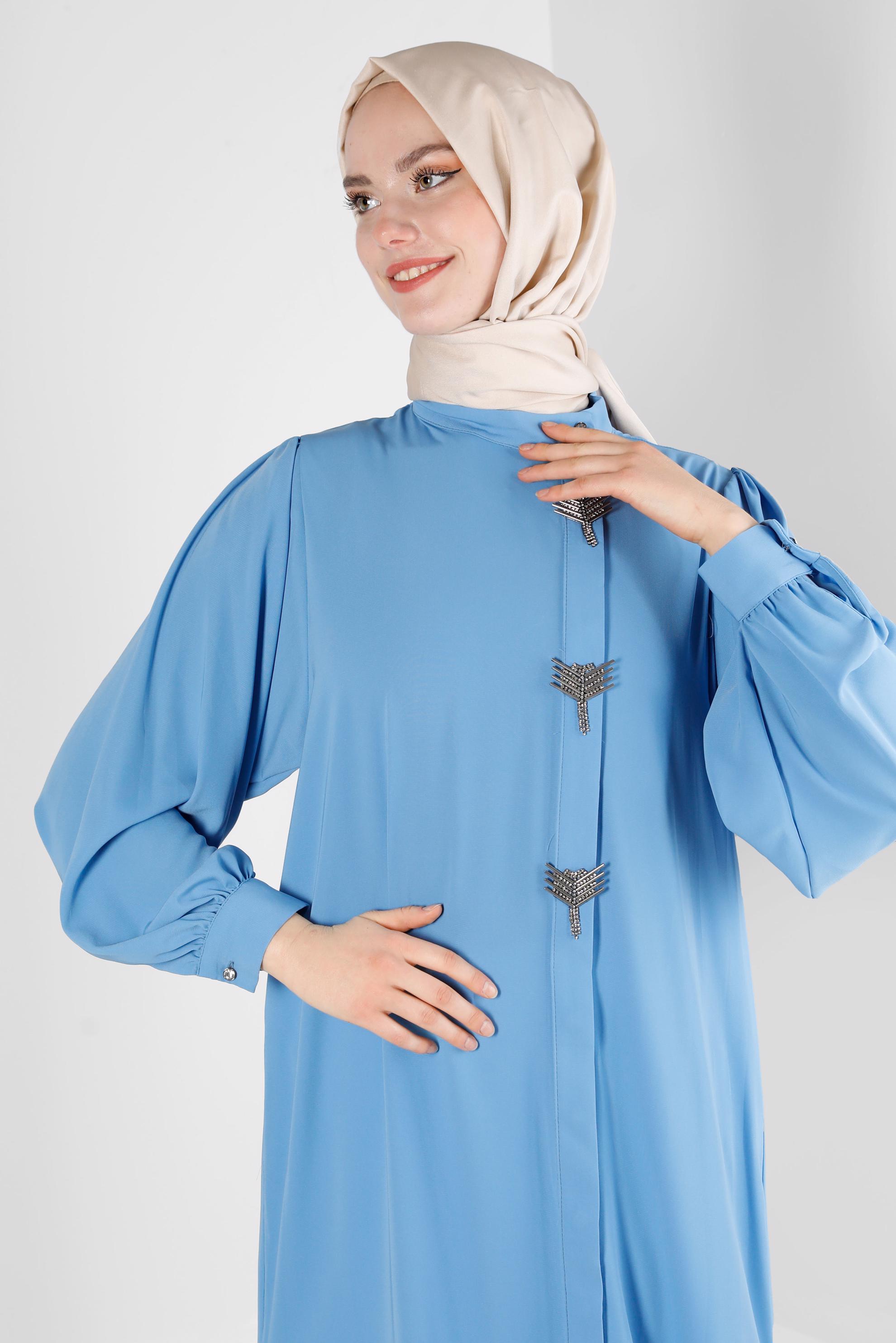 Tesettür giyim MAVİ AKSESUAR DETAYLI GENİŞ KOL TUNİK 43532
