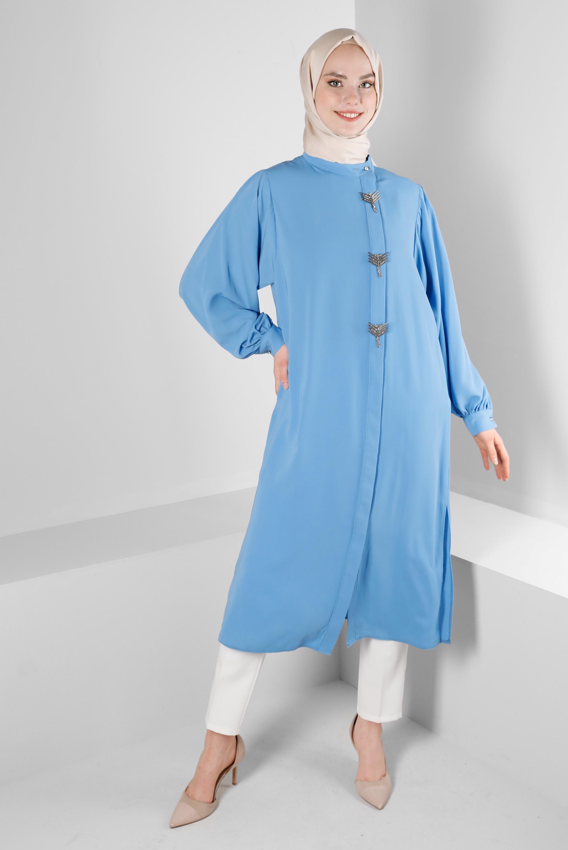 Tesettür giyim MAVİ AKSESUAR DETAYLI GENİŞ KOL TUNİK 43532