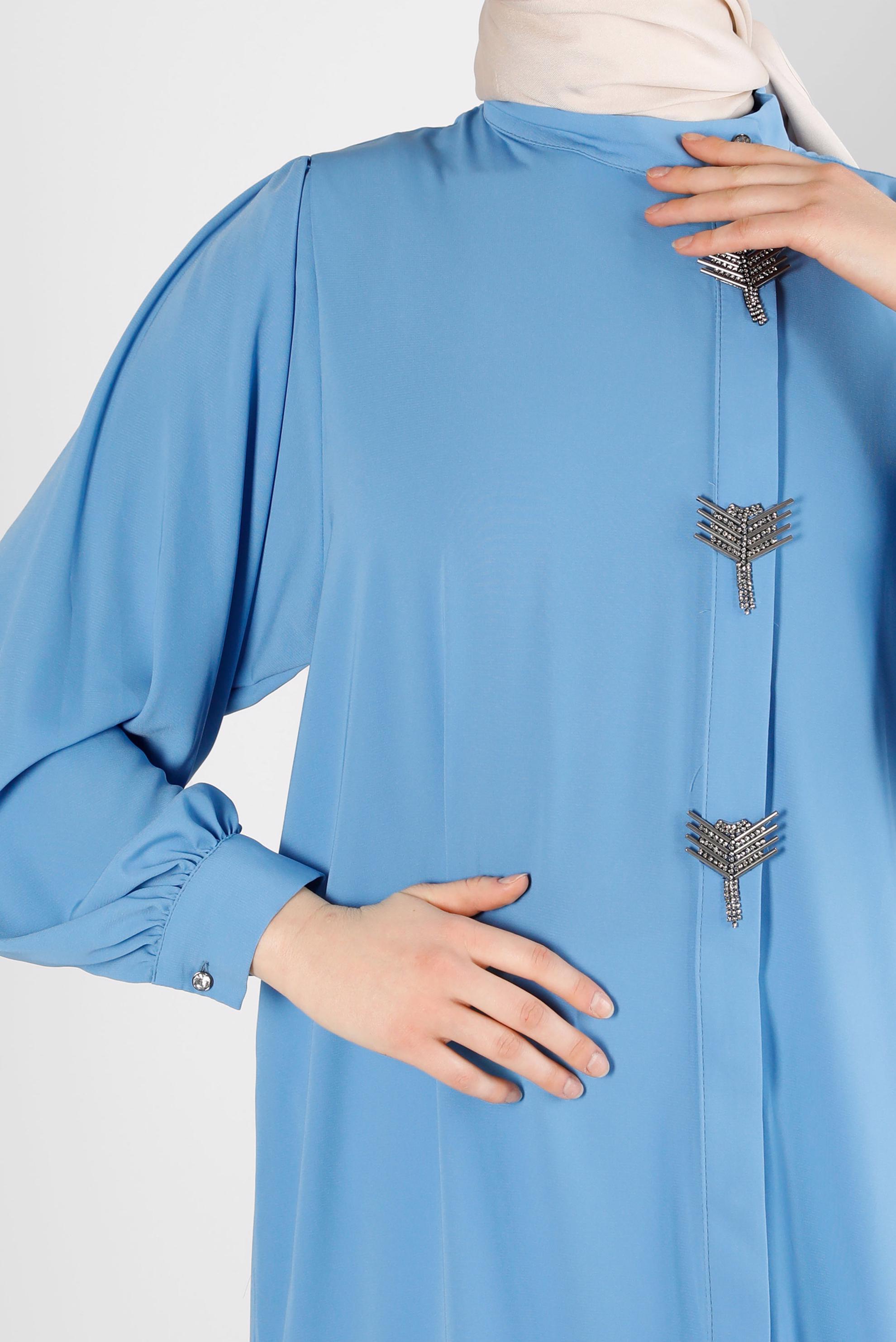 Tesettür giyim MAVİ AKSESUAR DETAYLI GENİŞ KOL TUNİK 43532