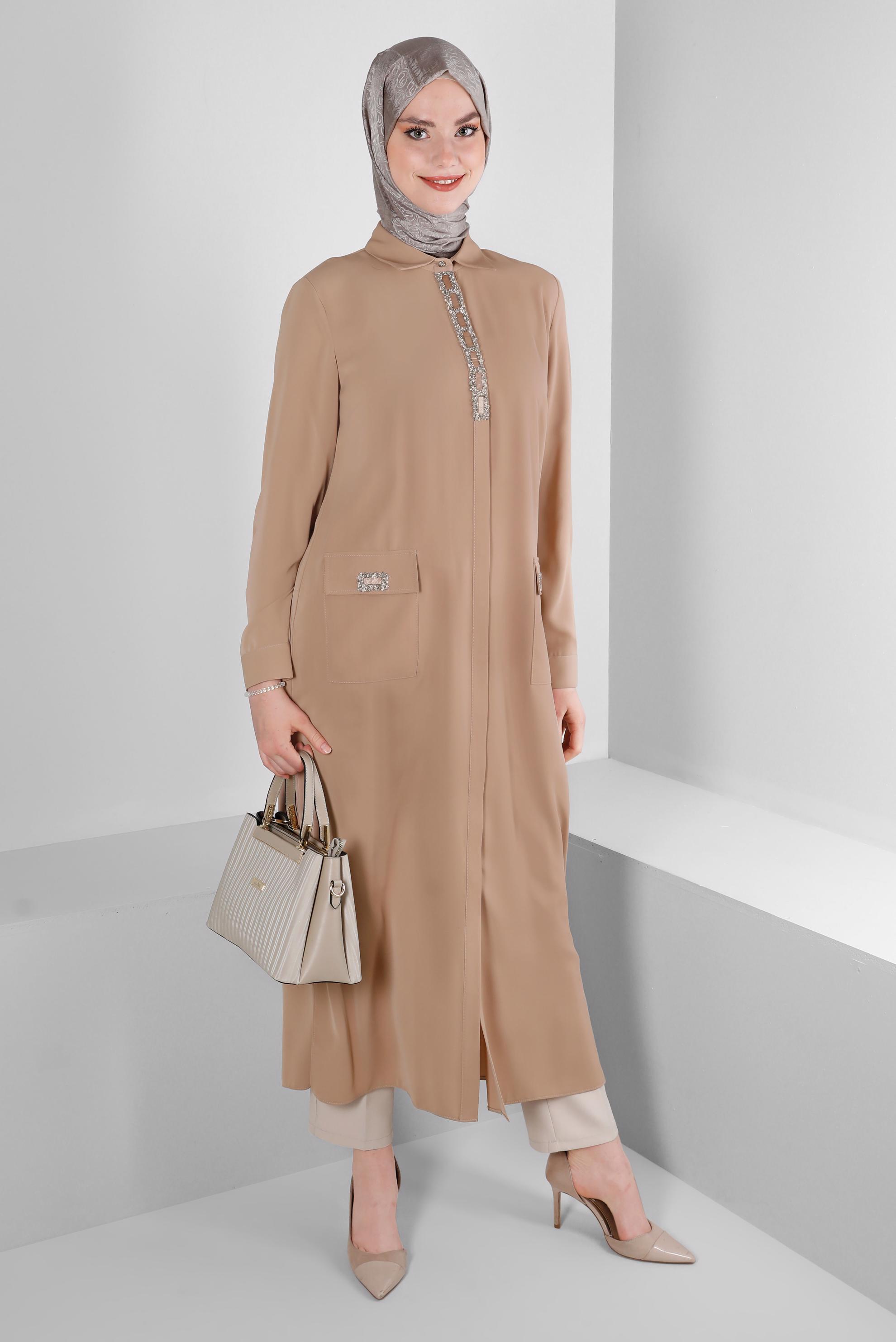 Tesettür giyim KAHVE TAŞ BASKILI GİZLİ DÜĞMELİ TUNİK 43533