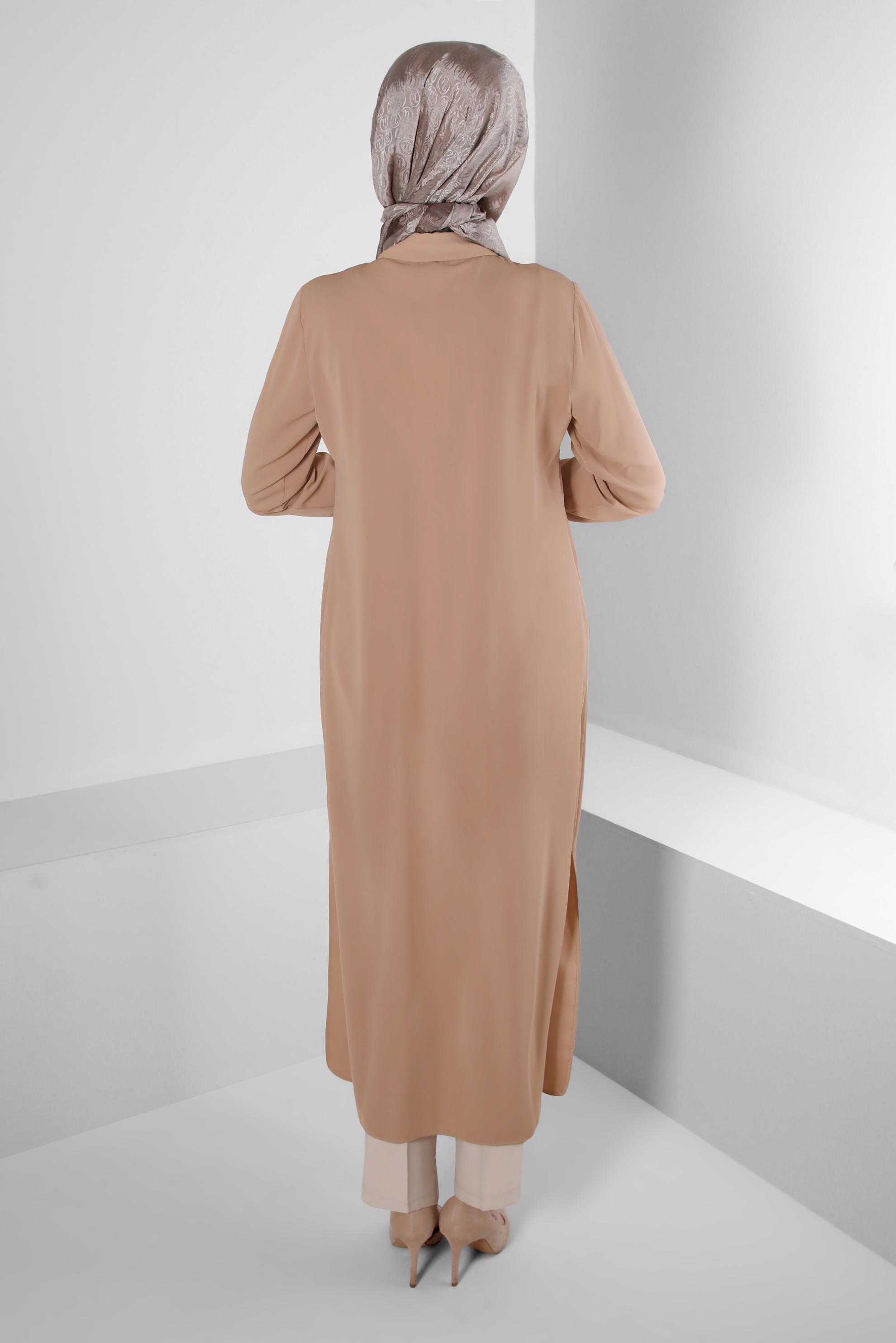 Tesettür giyim KAHVE TAŞ BASKILI GİZLİ DÜĞMELİ TUNİK 43533