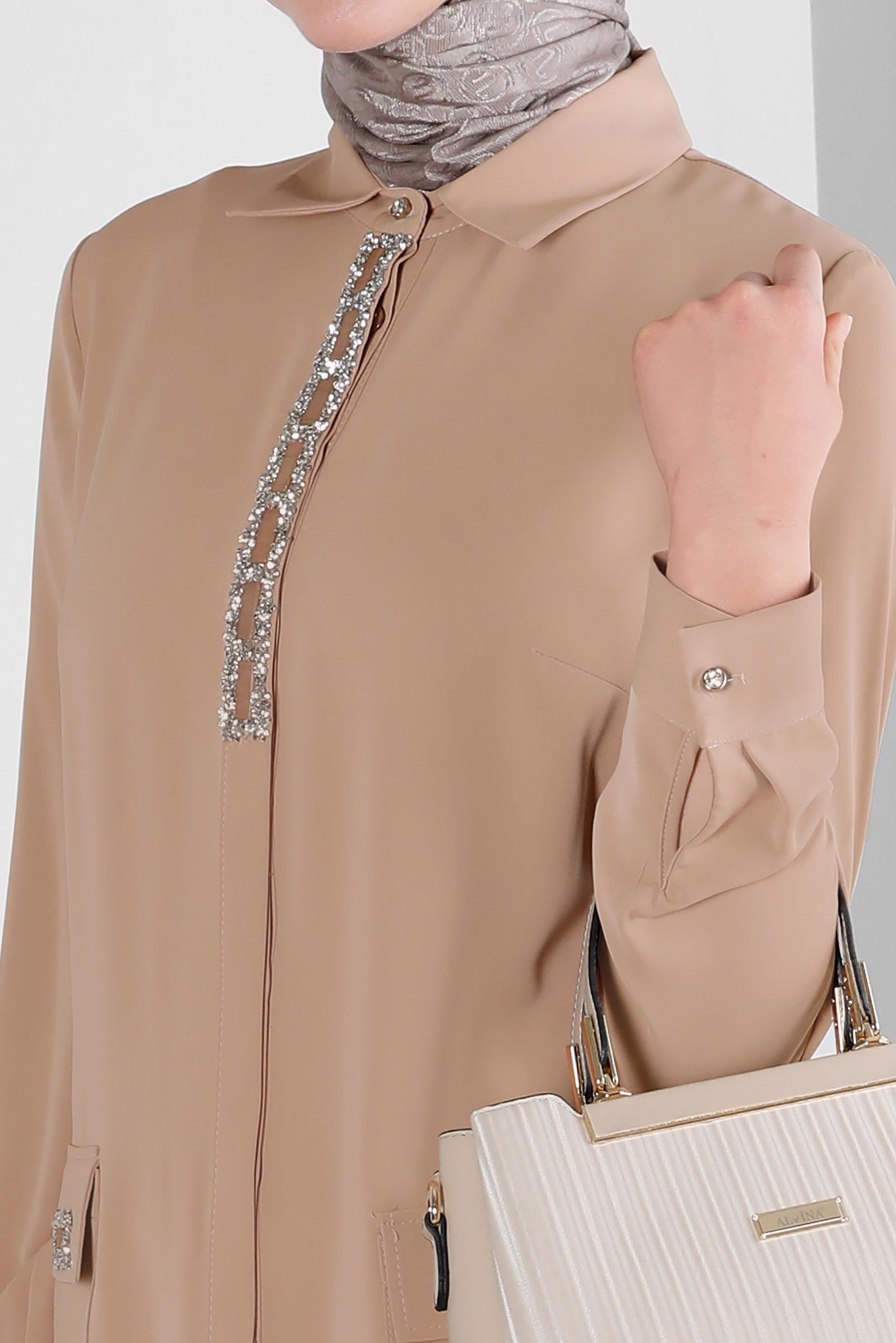 Tesettür giyim KAHVE TAŞ BASKILI GİZLİ DÜĞMELİ TUNİK 43533