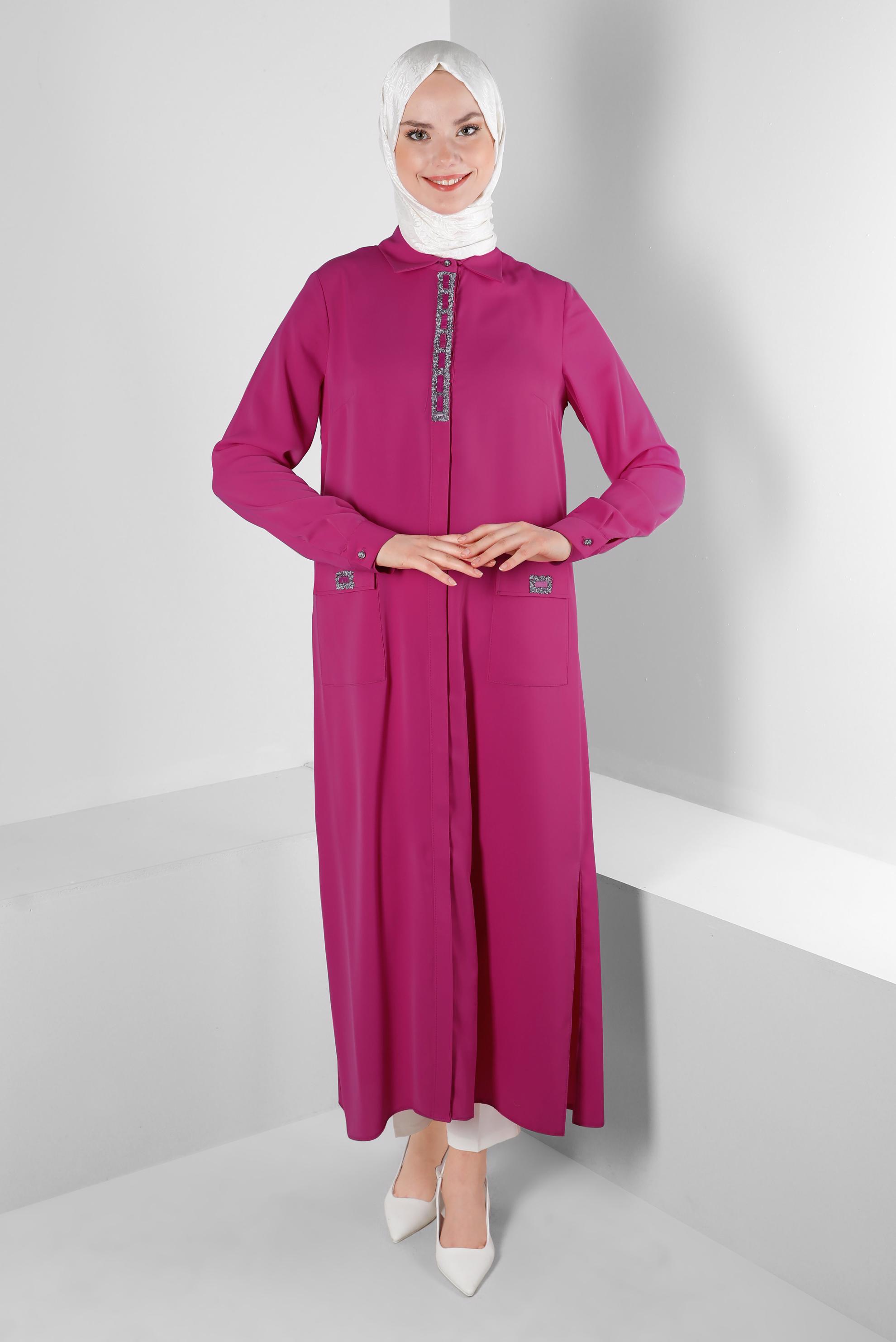 Tesettür giyim FUŞYA TAŞ BASKILI GİZLİ DÜĞMELİ TUNİK 43533
