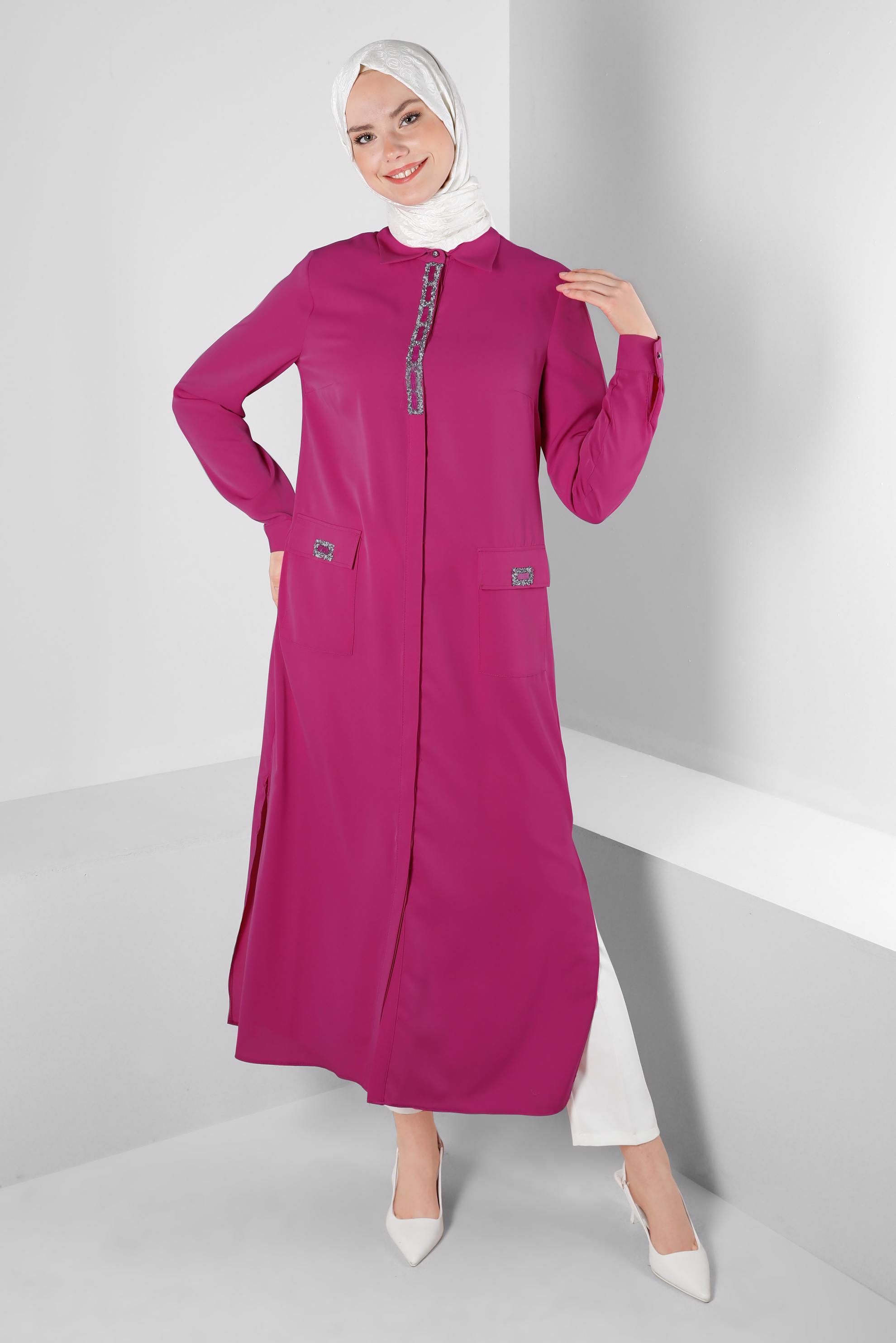 Tesettür giyim FUŞYA TAŞ BASKILI GİZLİ DÜĞMELİ TUNİK 43533