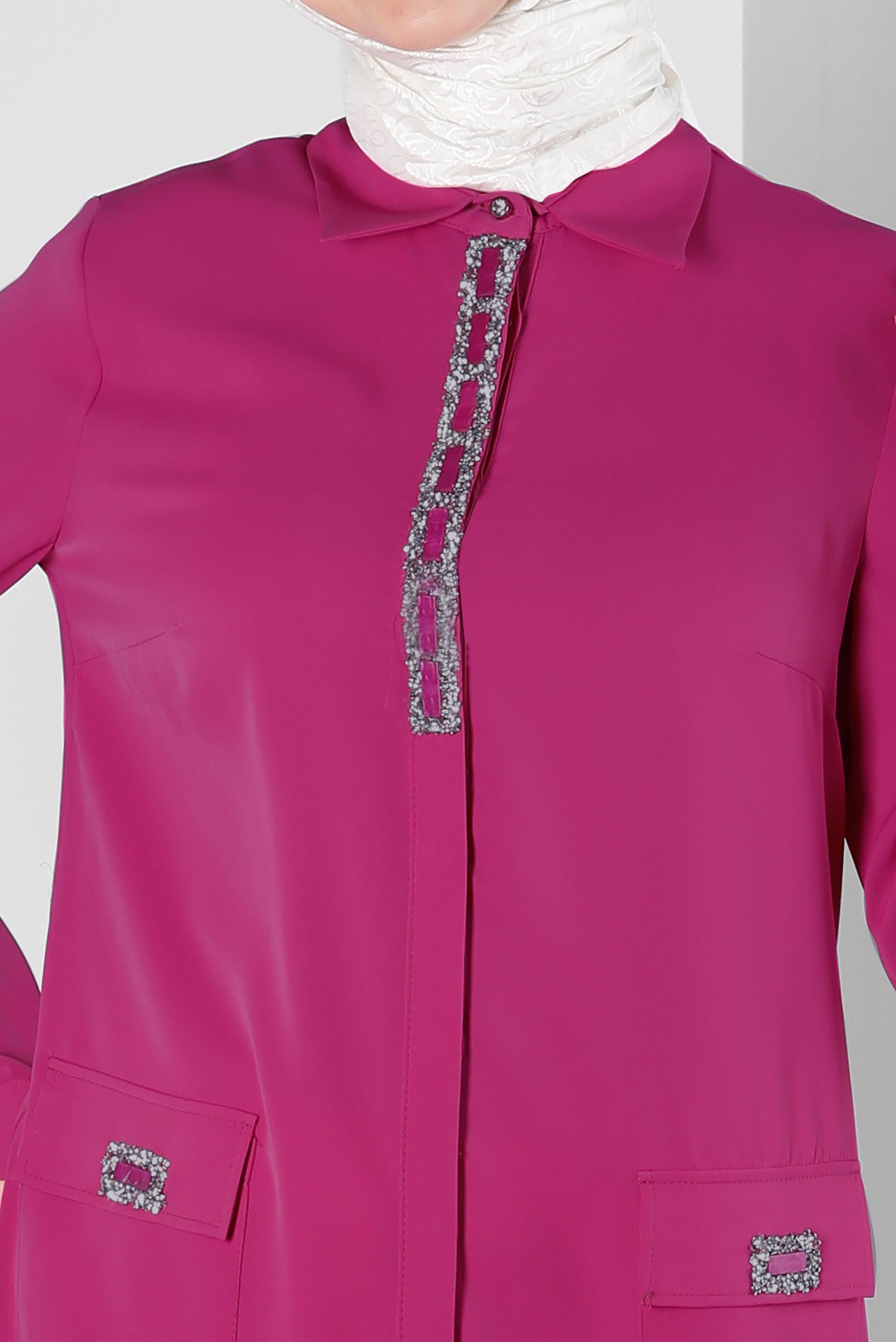 Tesettür giyim FUŞYA TAŞ BASKILI GİZLİ DÜĞMELİ TUNİK 43533