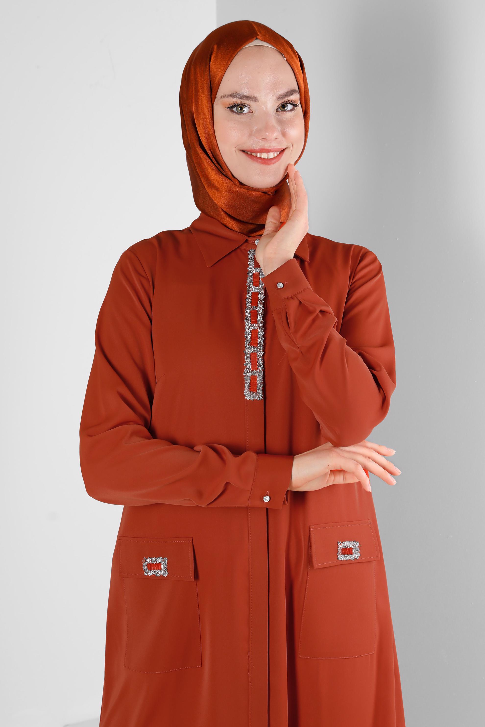 Tesettür giyim TURUNCU TAŞ BASKILI GİZLİ DÜĞMELİ TUNİK 43533