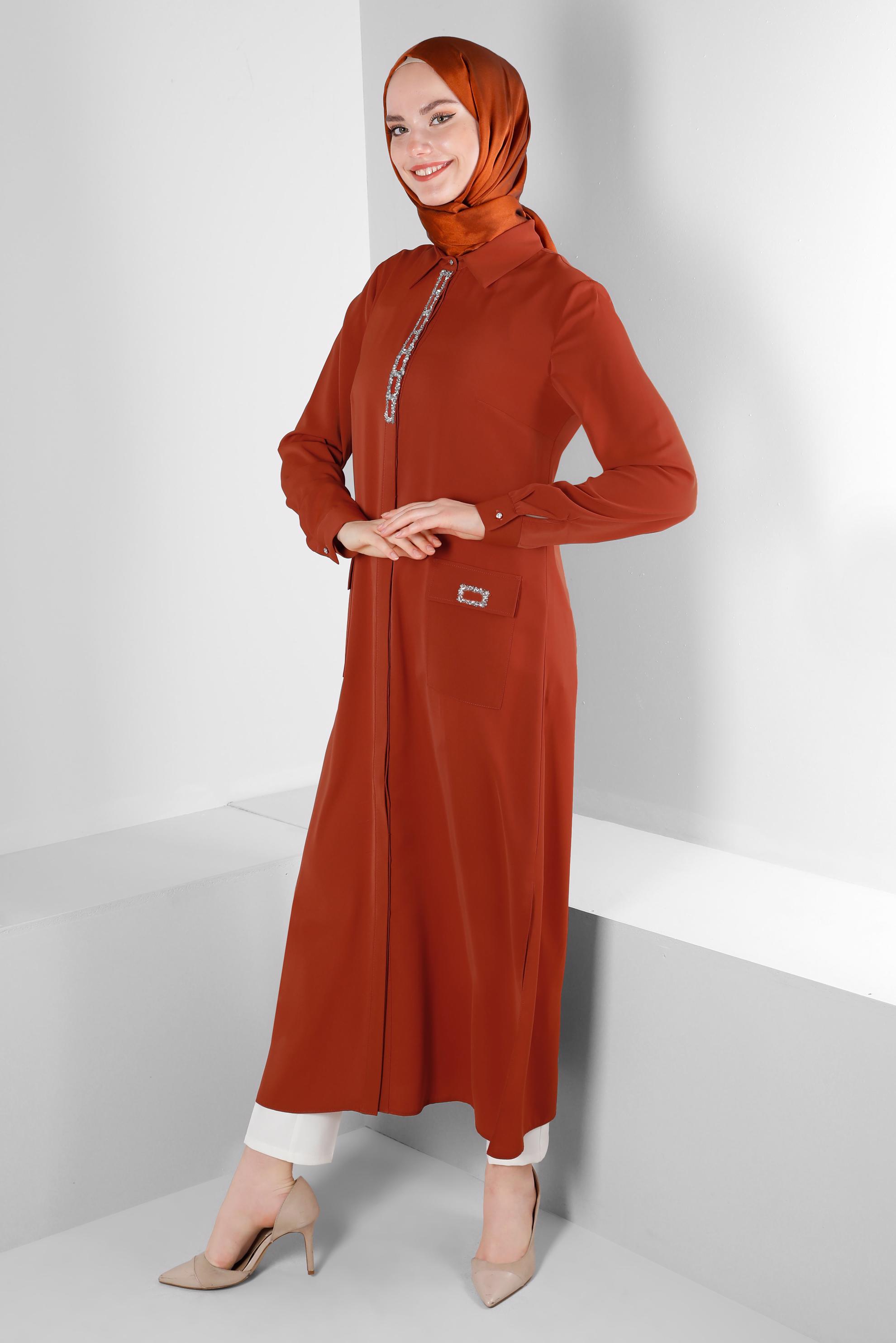 Tesettür giyim TURUNCU TAŞ BASKILI GİZLİ DÜĞMELİ TUNİK 43533