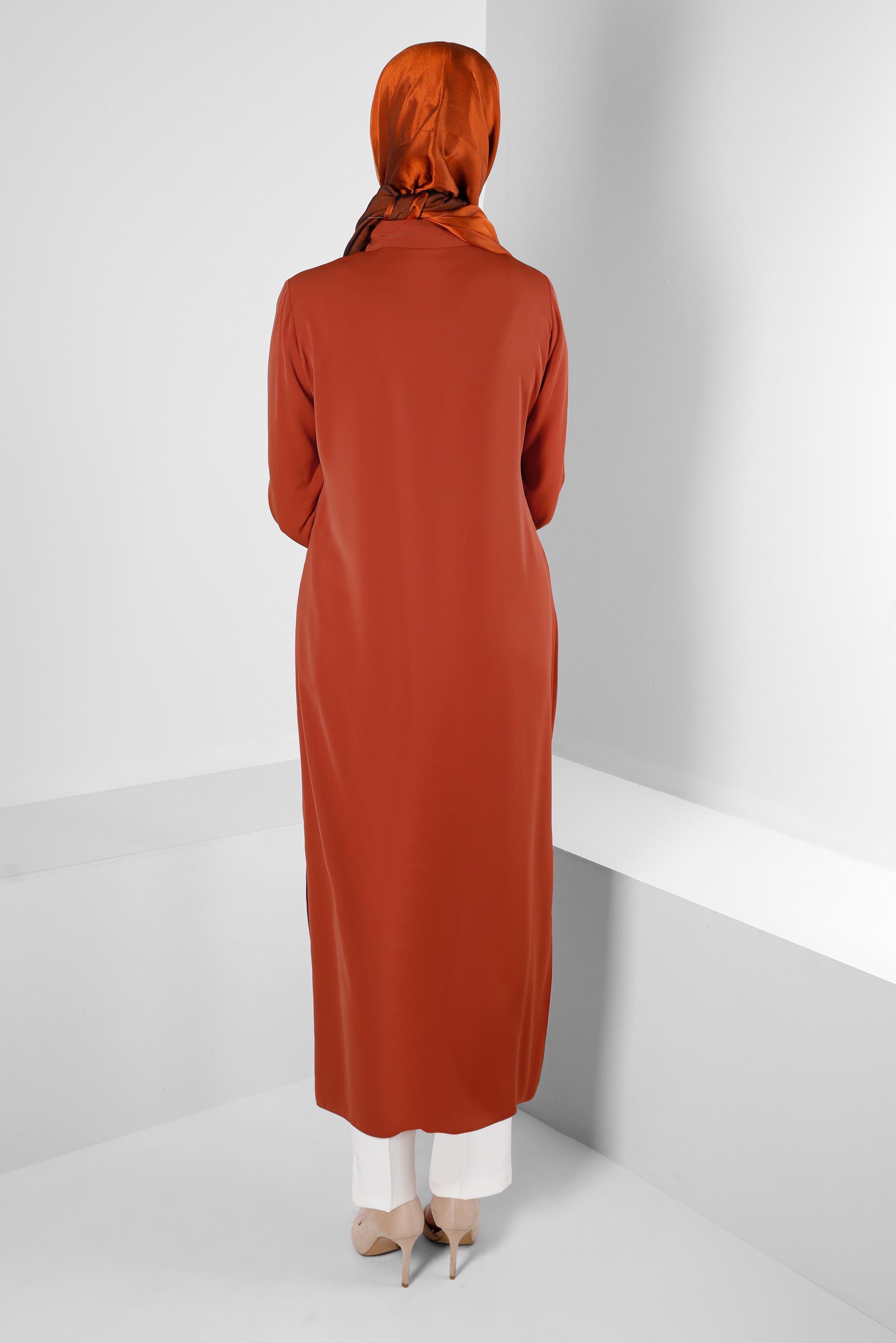 Tesettür giyim TURUNCU TAŞ BASKILI GİZLİ DÜĞMELİ TUNİK 43533