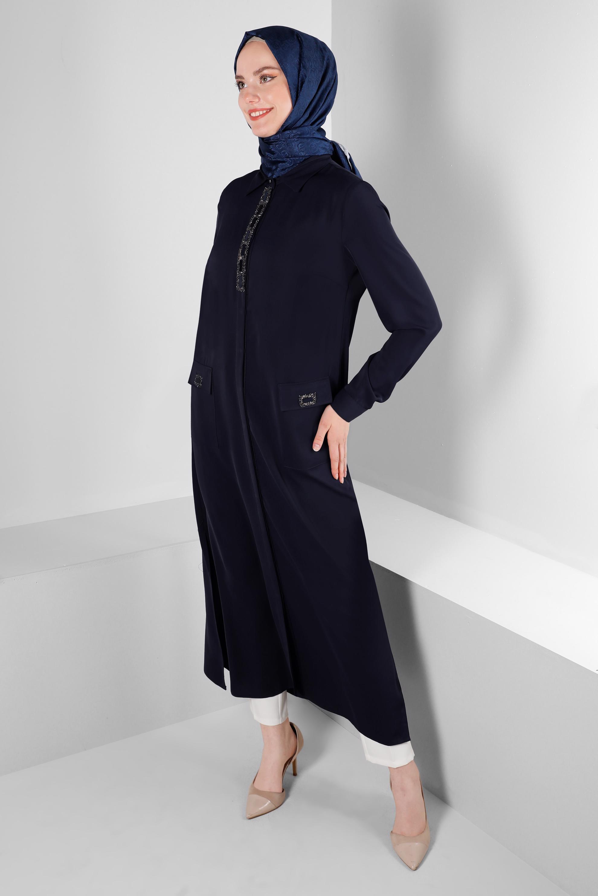 Tesettür giyim LACİVERT TAŞ BASKILI GİZLİ DÜĞMELİ TUNİK 43533