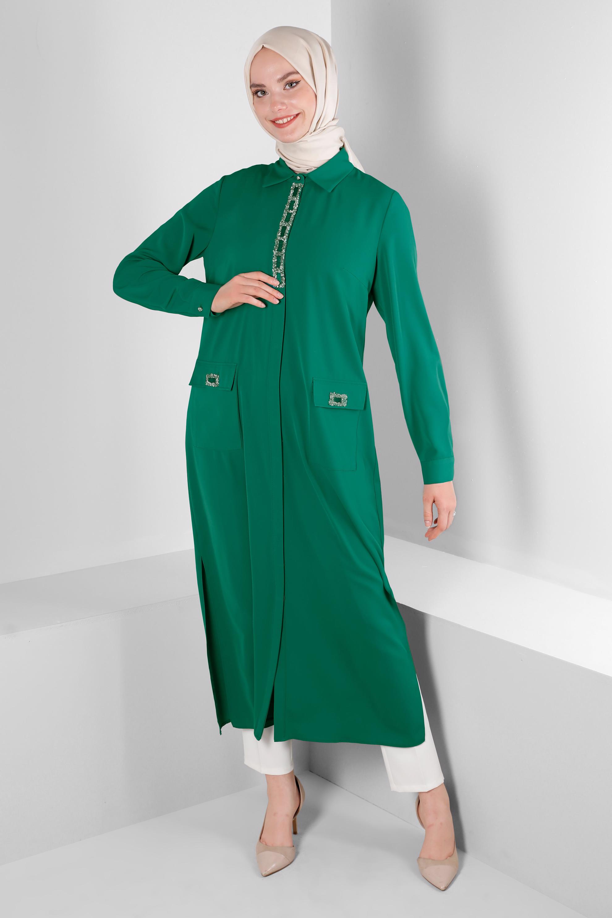 Tesettür giyim YEŞİL TAŞ BASKILI GİZLİ DÜĞMELİ TUNİK 43533