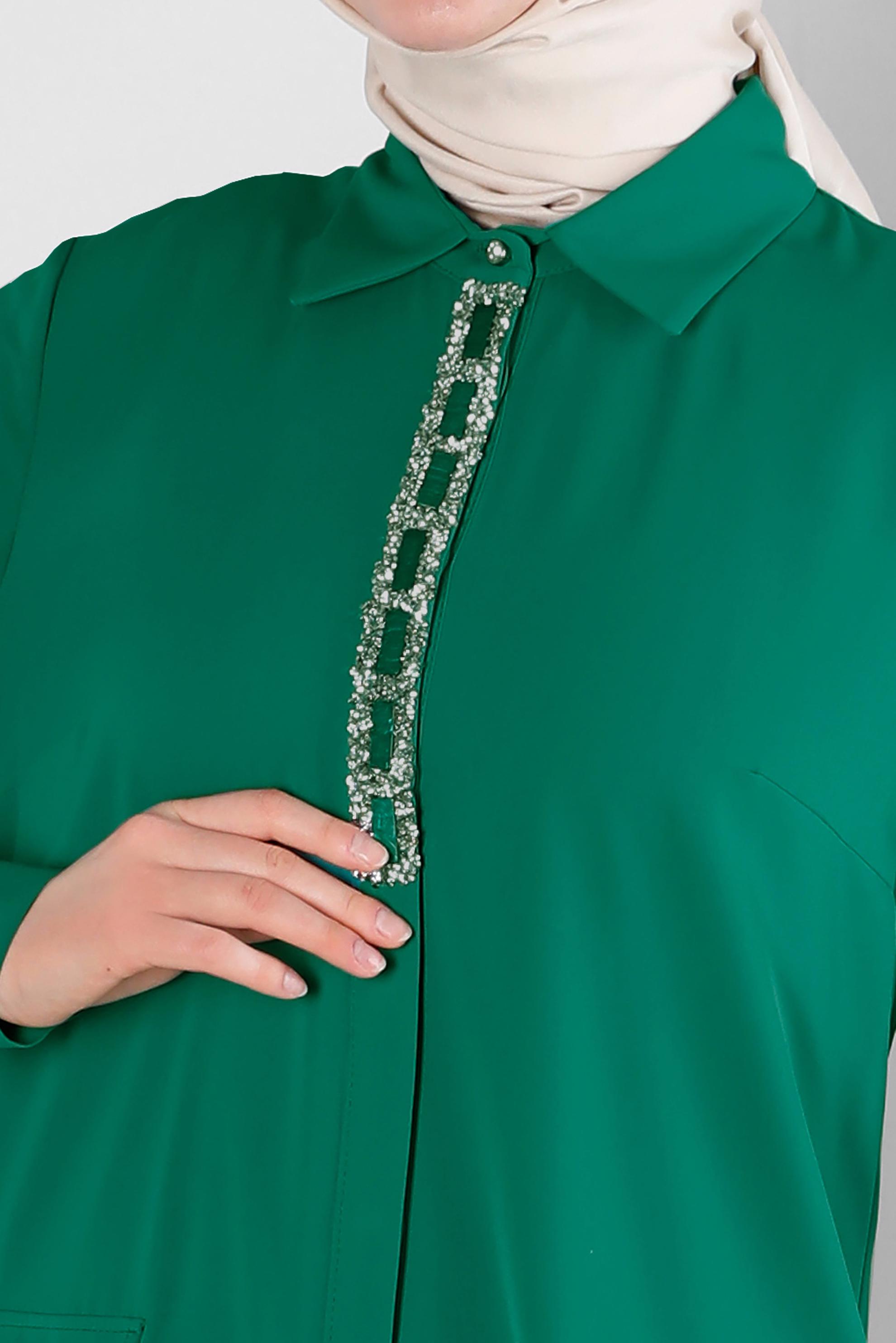 Tesettür giyim YEŞİL TAŞ BASKILI GİZLİ DÜĞMELİ TUNİK 43533