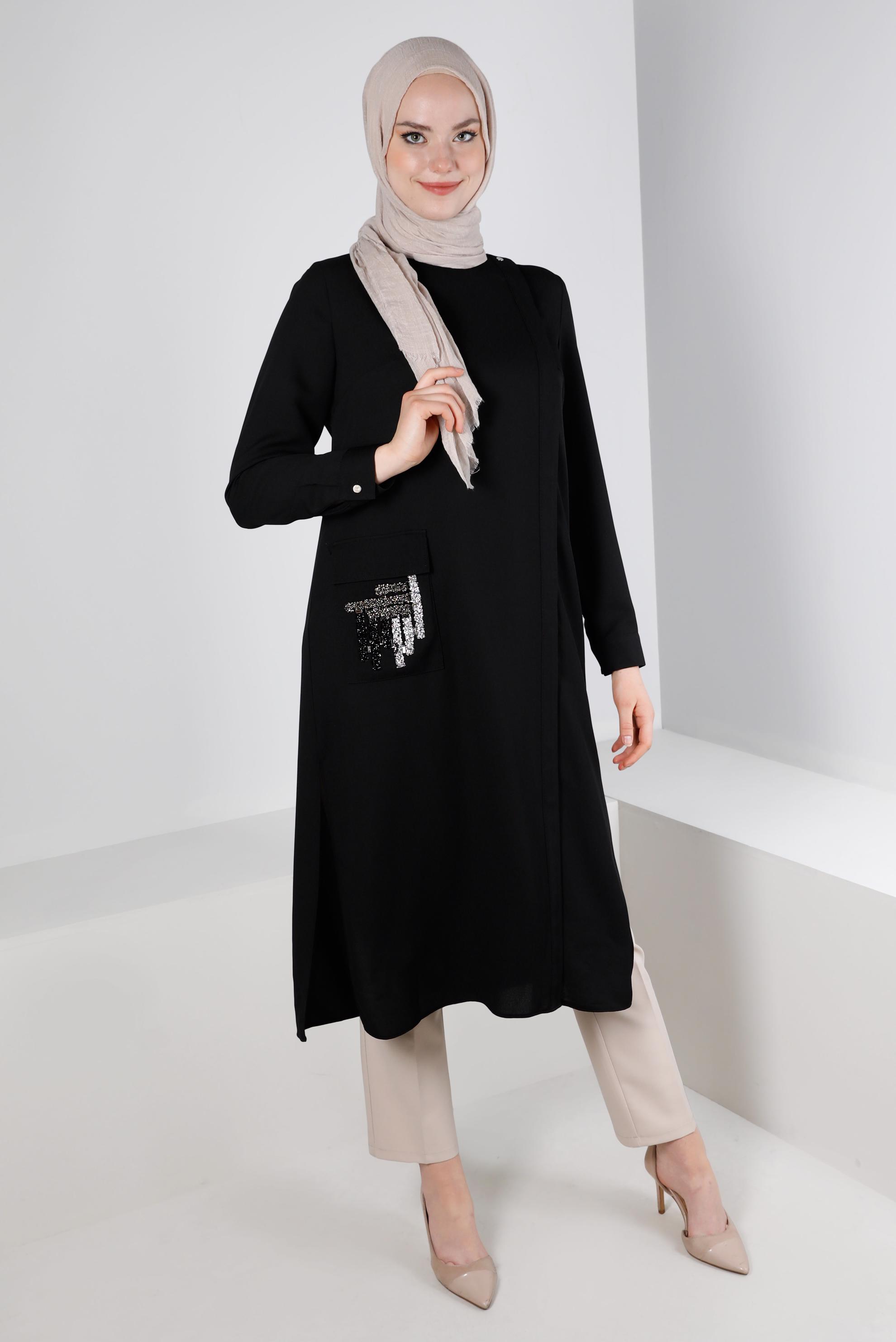 Tesettür giyim SİYAH SİM DETAYLI CEPLİ TUNİK 43535