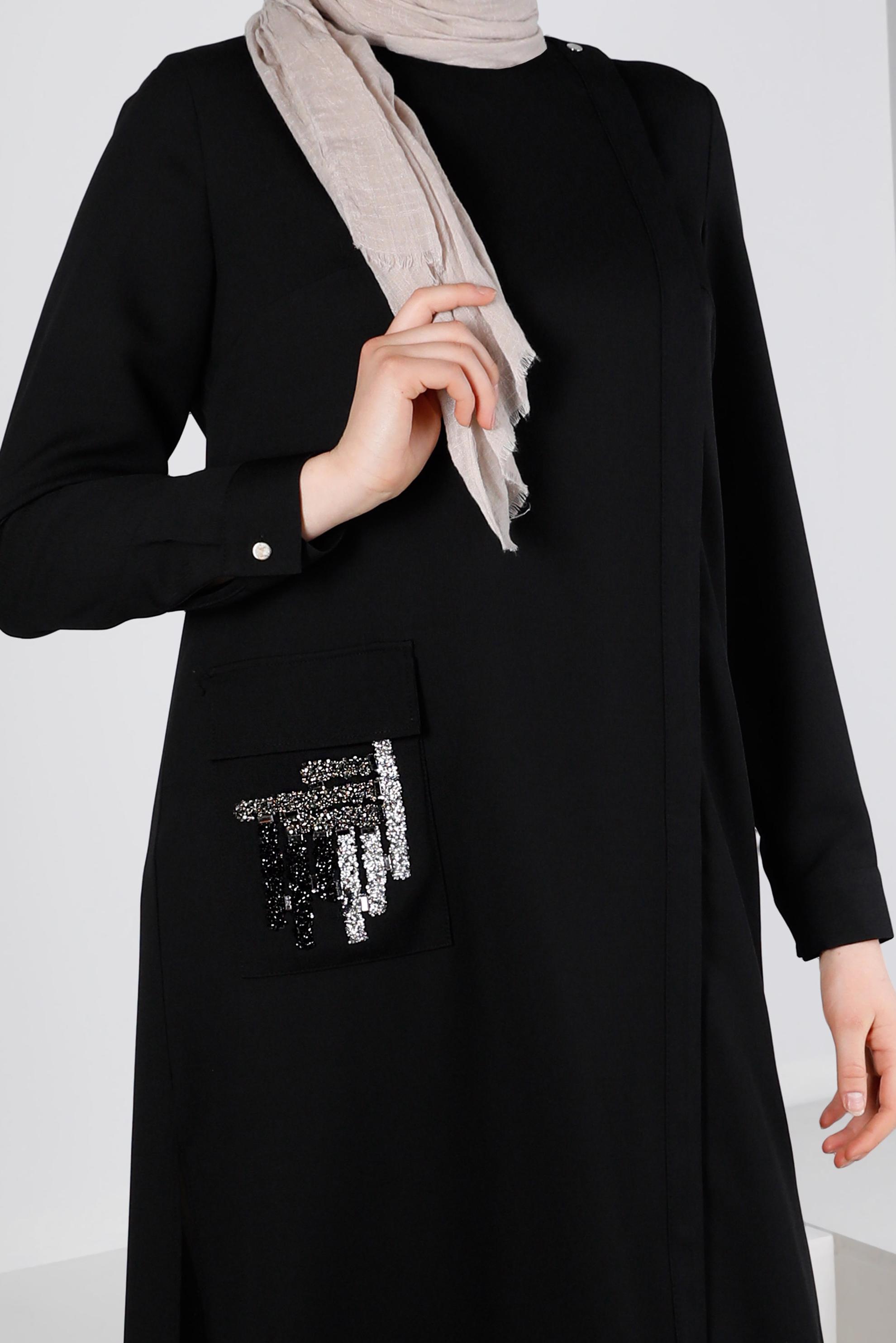 Tesettür giyim SİYAH SİM DETAYLI CEPLİ TUNİK 43535