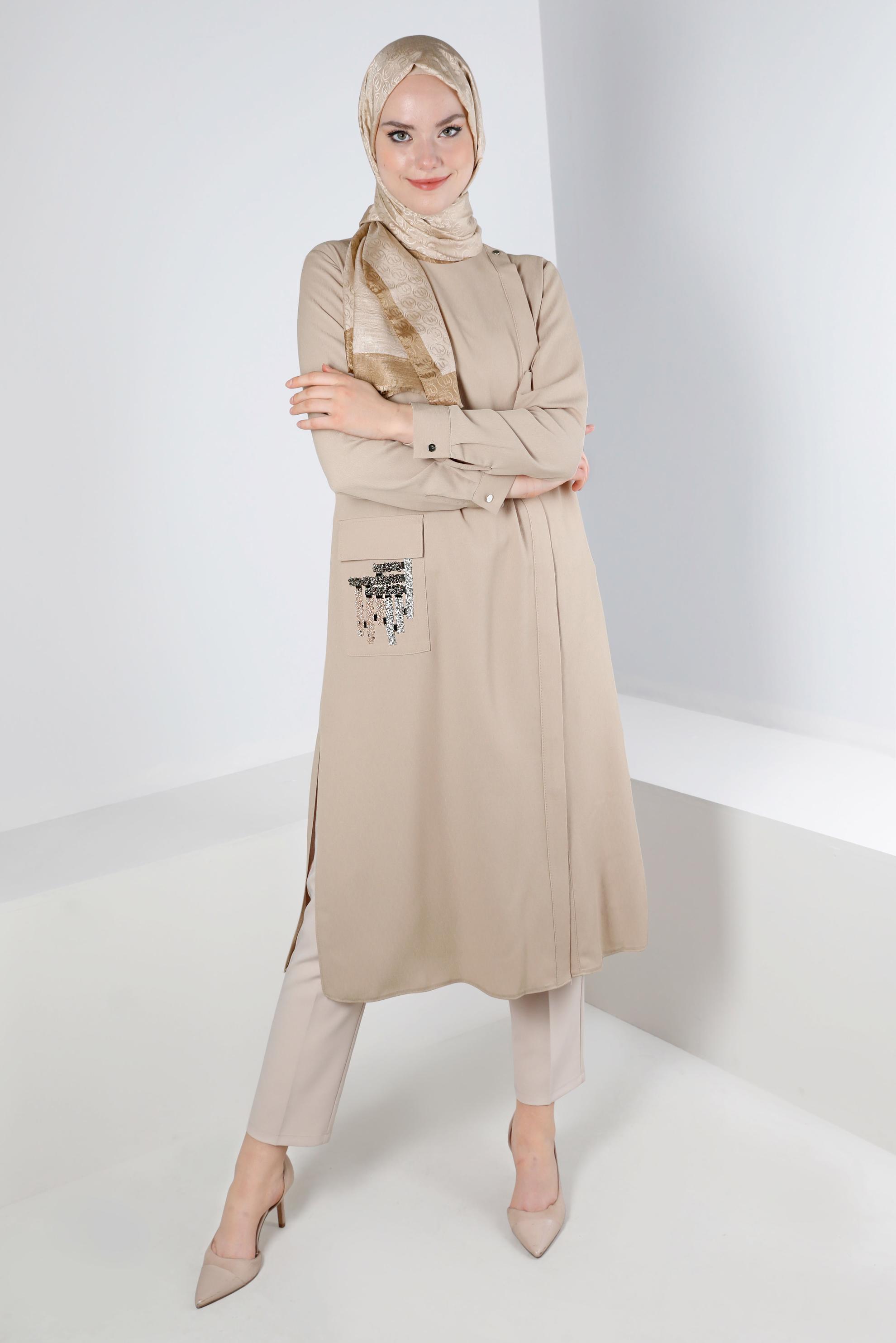 Tesettür giyim BEJ SİM DETAYLI CEPLİ TUNİK 43535