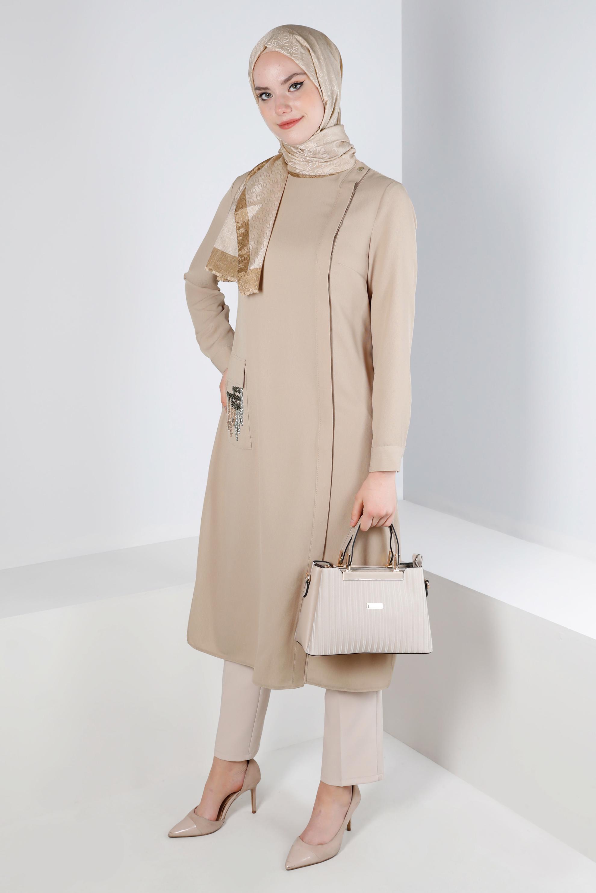 Tesettür giyim BEJ SİM DETAYLI CEPLİ TUNİK 43535