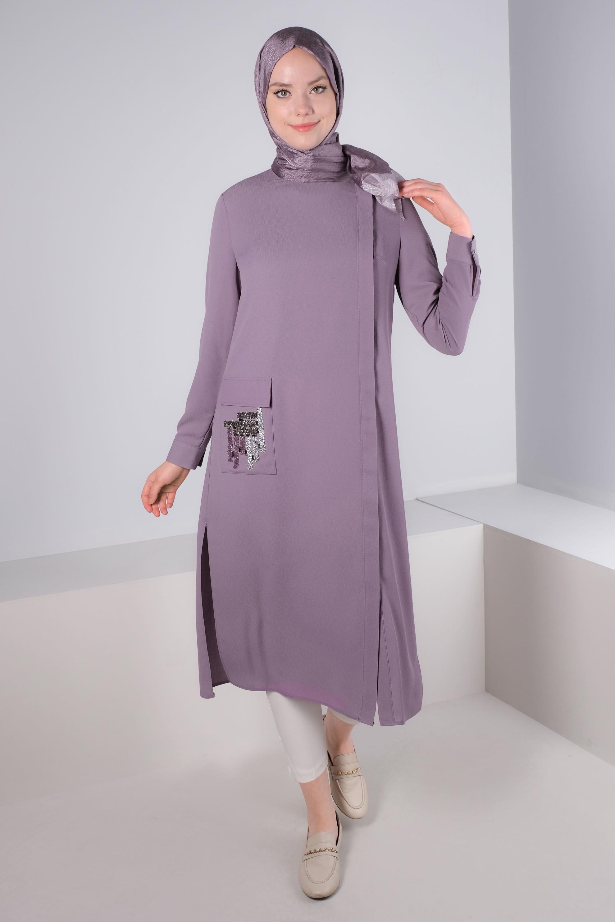 Tesettür giyim MOR SİM DETAYLI CEPLİ TUNİK 43535