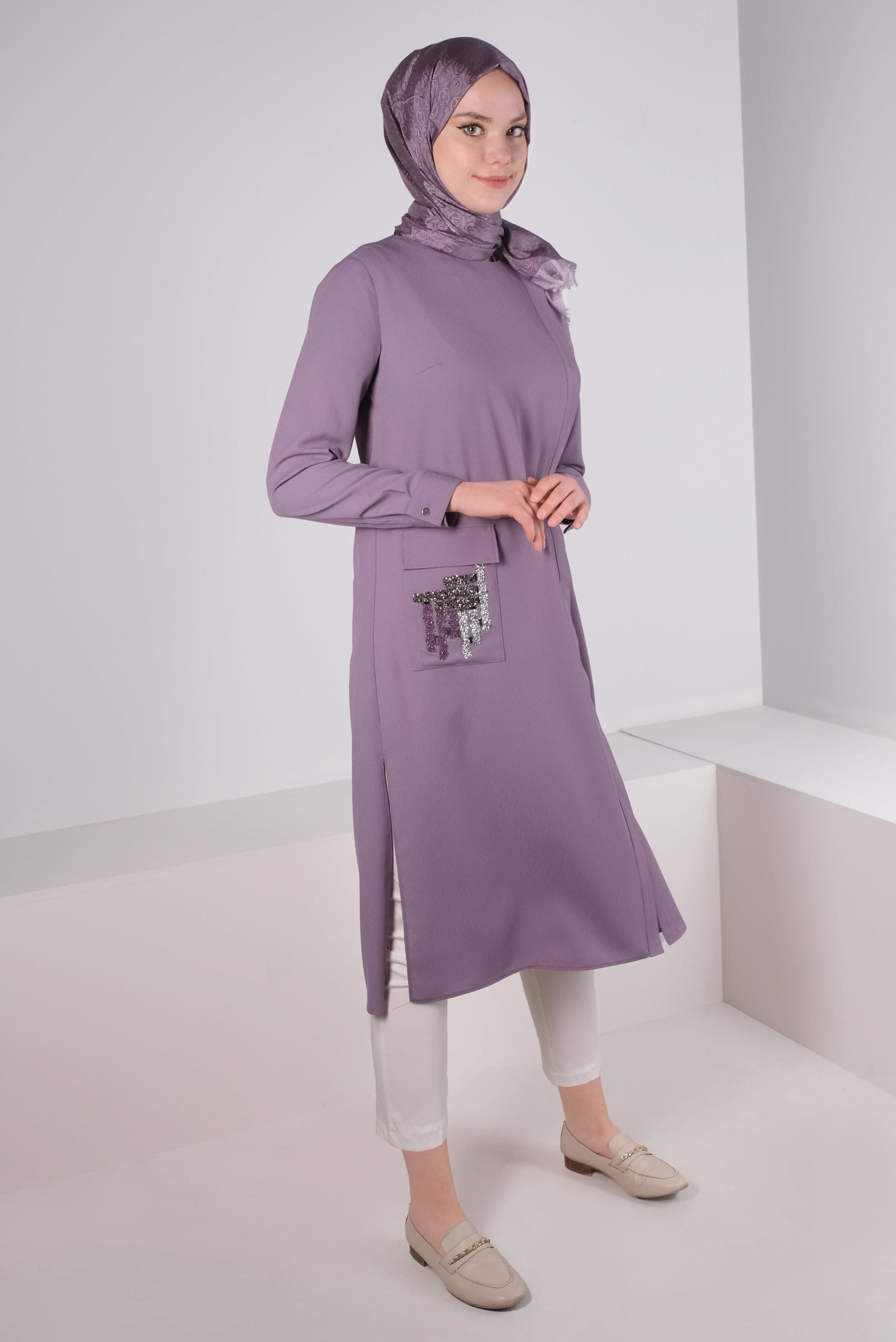 Tesettür giyim MOR SİM DETAYLI CEPLİ TUNİK 43535
