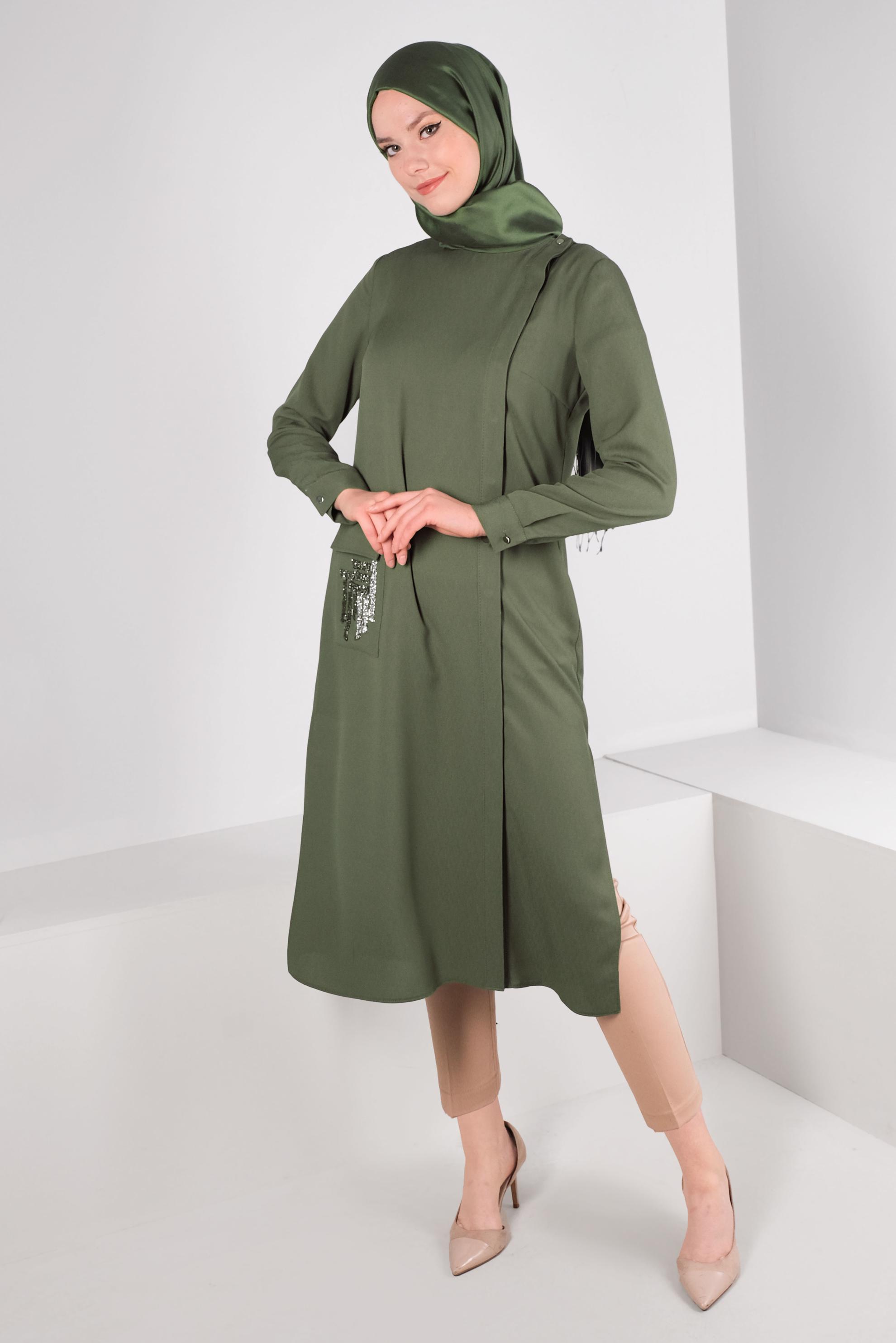 Tesettür giyim HAKİ SİM DETAYLI CEPLİ TUNİK 43535