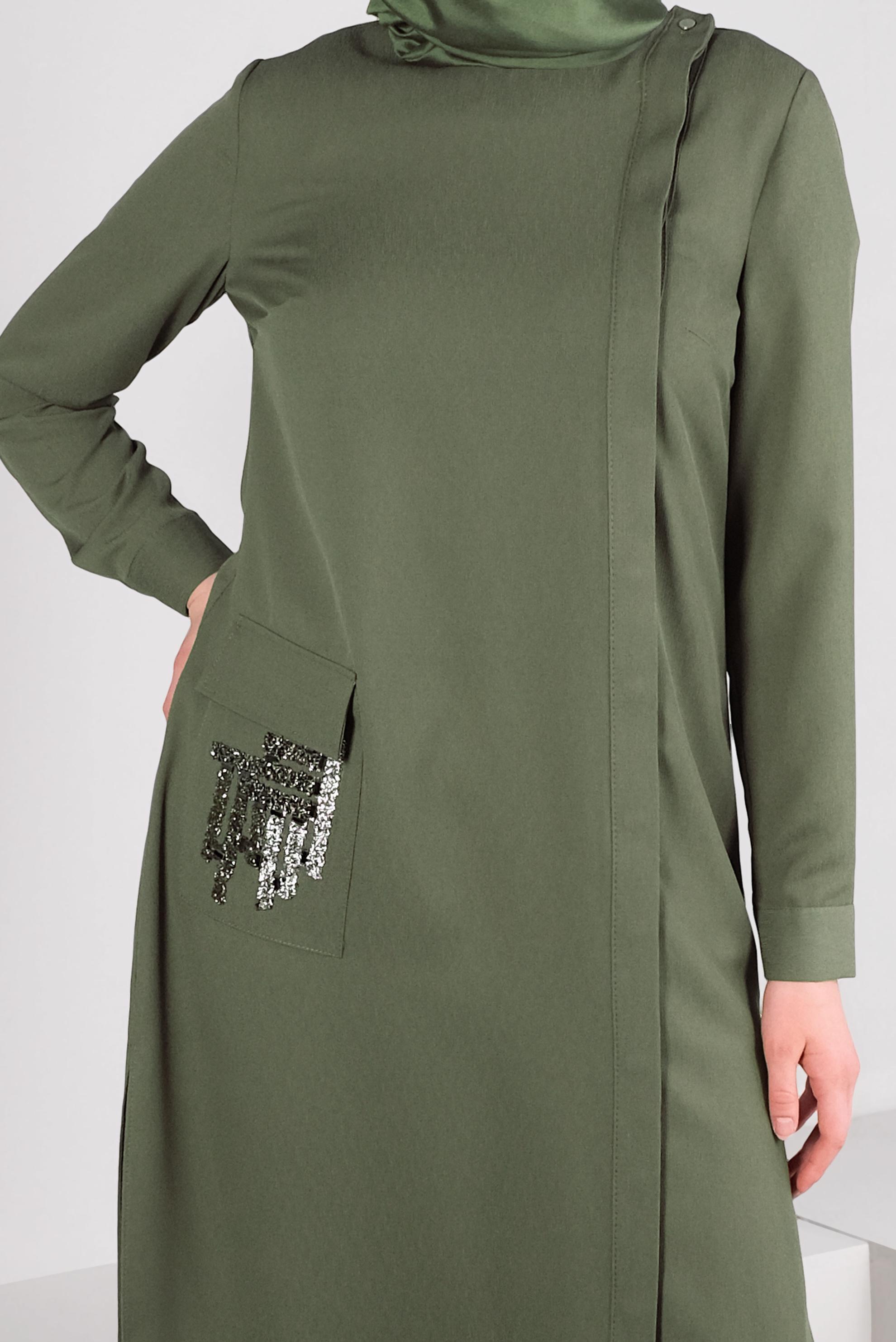 Tesettür giyim HAKİ SİM DETAYLI CEPLİ TUNİK 43535