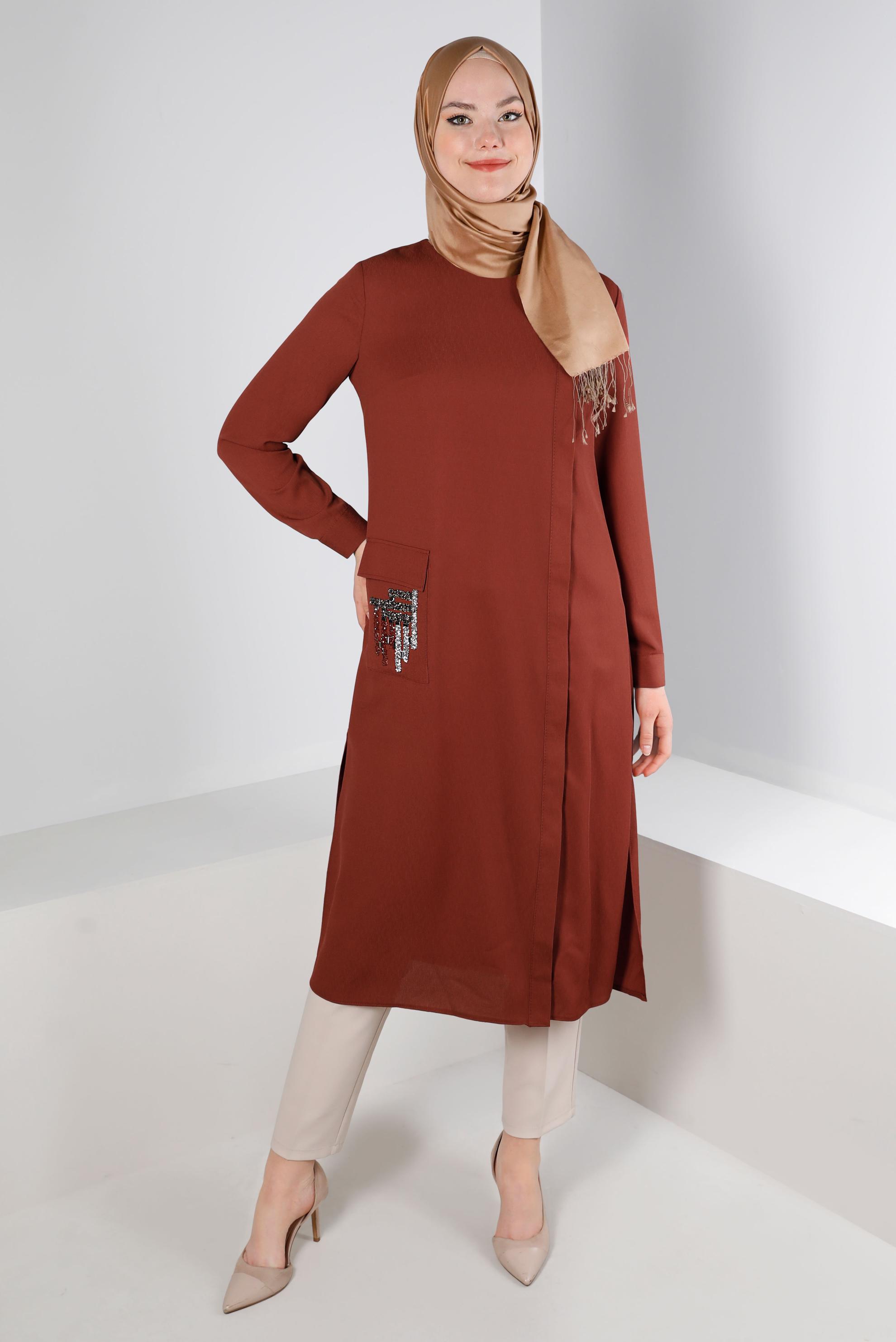 Tesettür giyim TURUNCU SİM DETAYLI CEPLİ TUNİK 43535