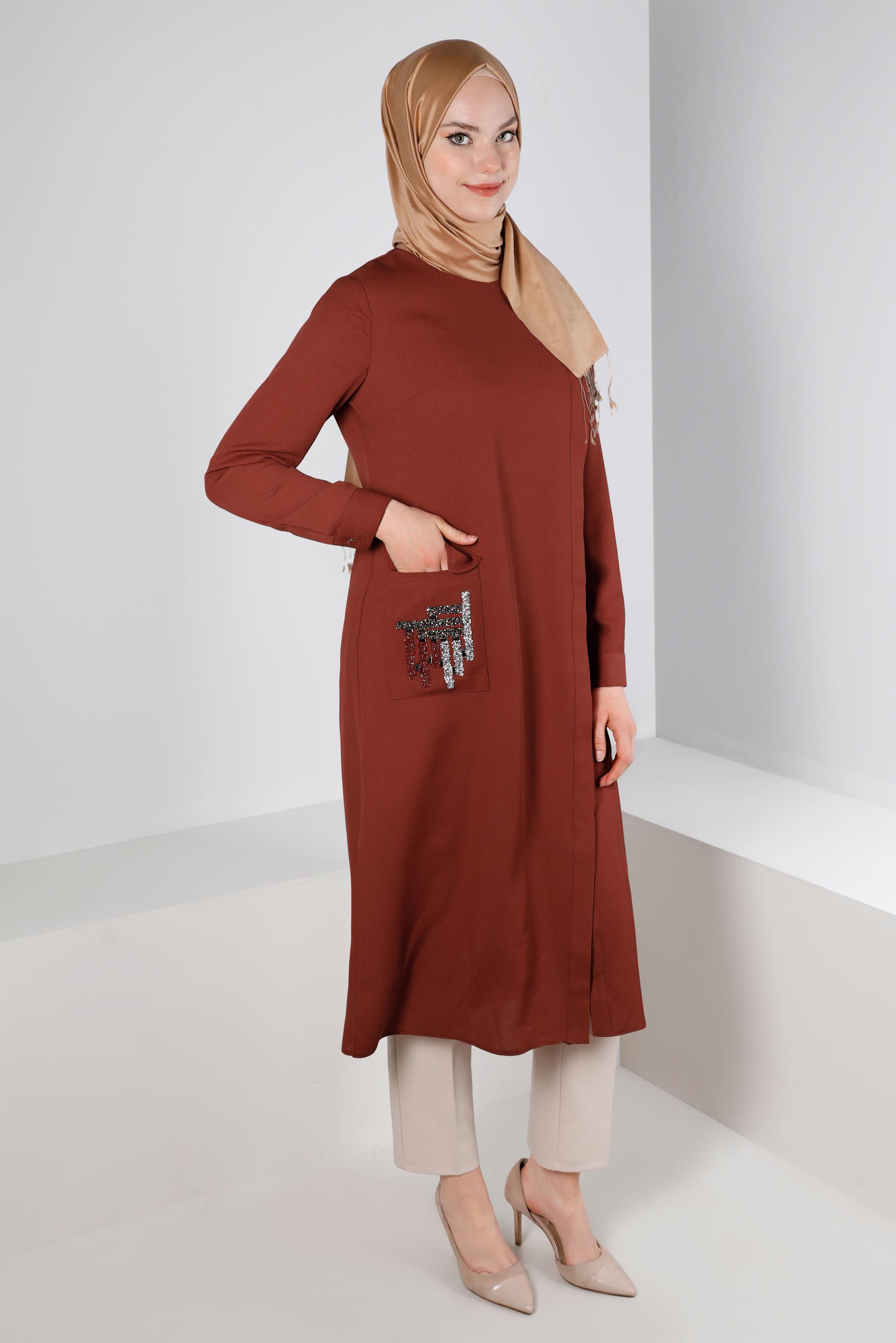 Tesettür giyim TURUNCU SİM DETAYLI CEPLİ TUNİK 43535