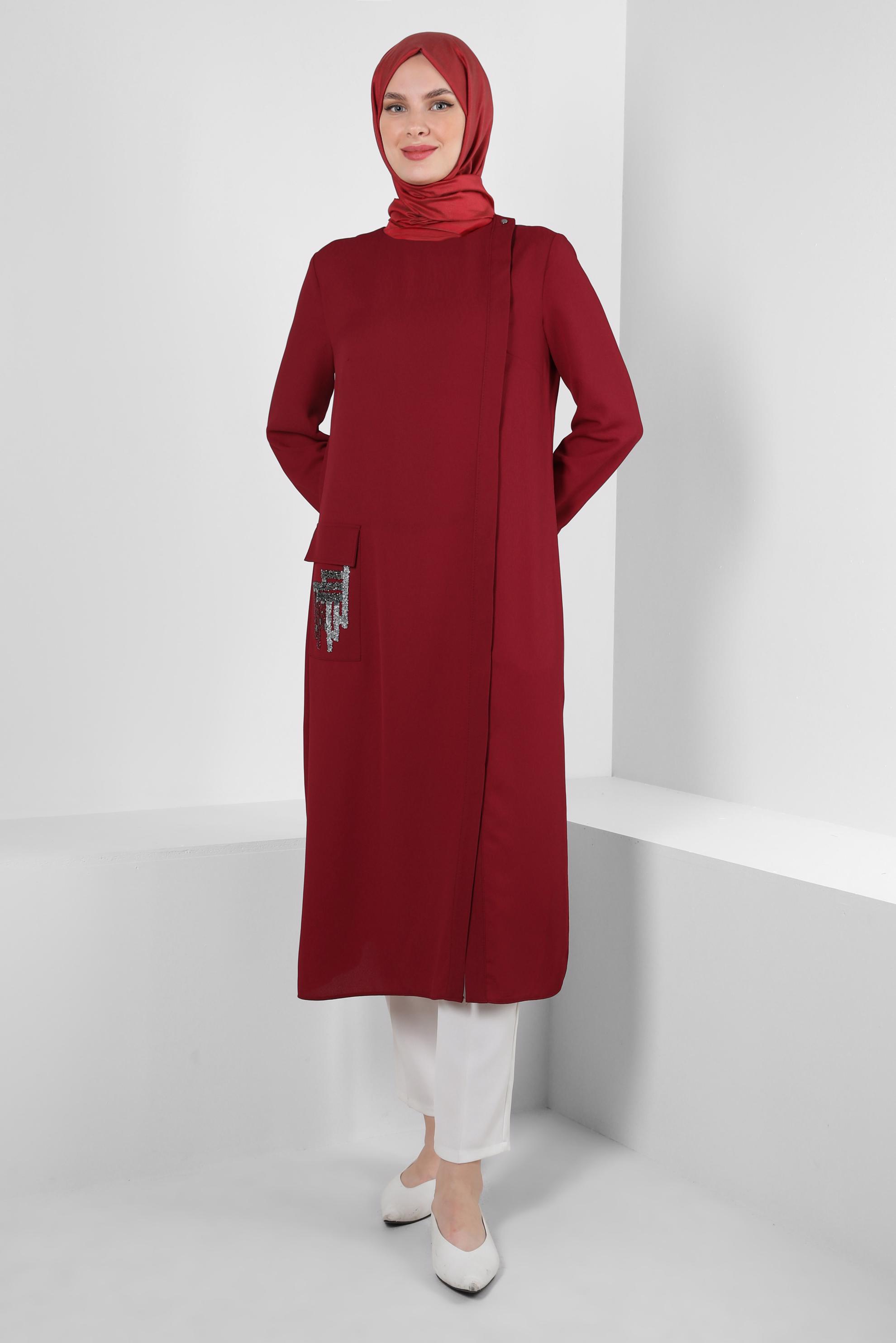 Tesettür giyim BORDO SİM DETAYLI CEPLİ TUNİK 43535