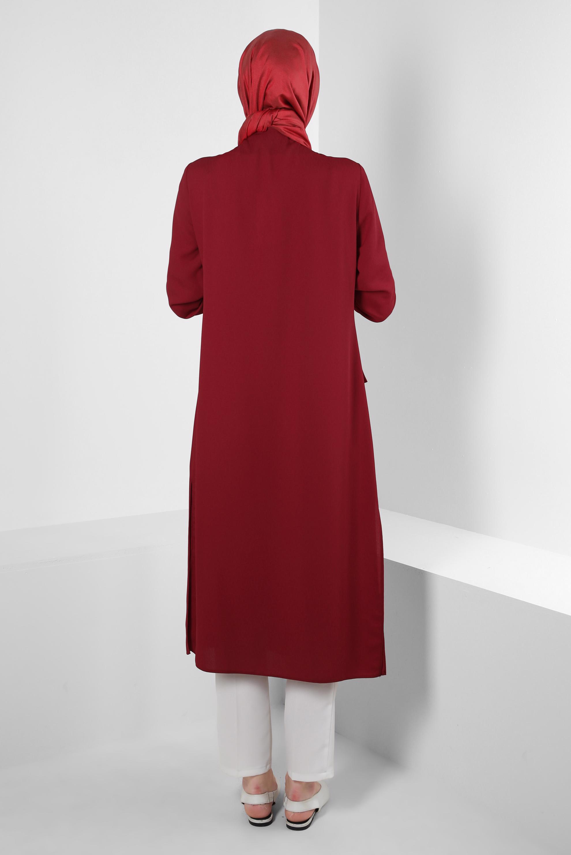 Tesettür giyim BORDO SİM DETAYLI CEPLİ TUNİK 43535