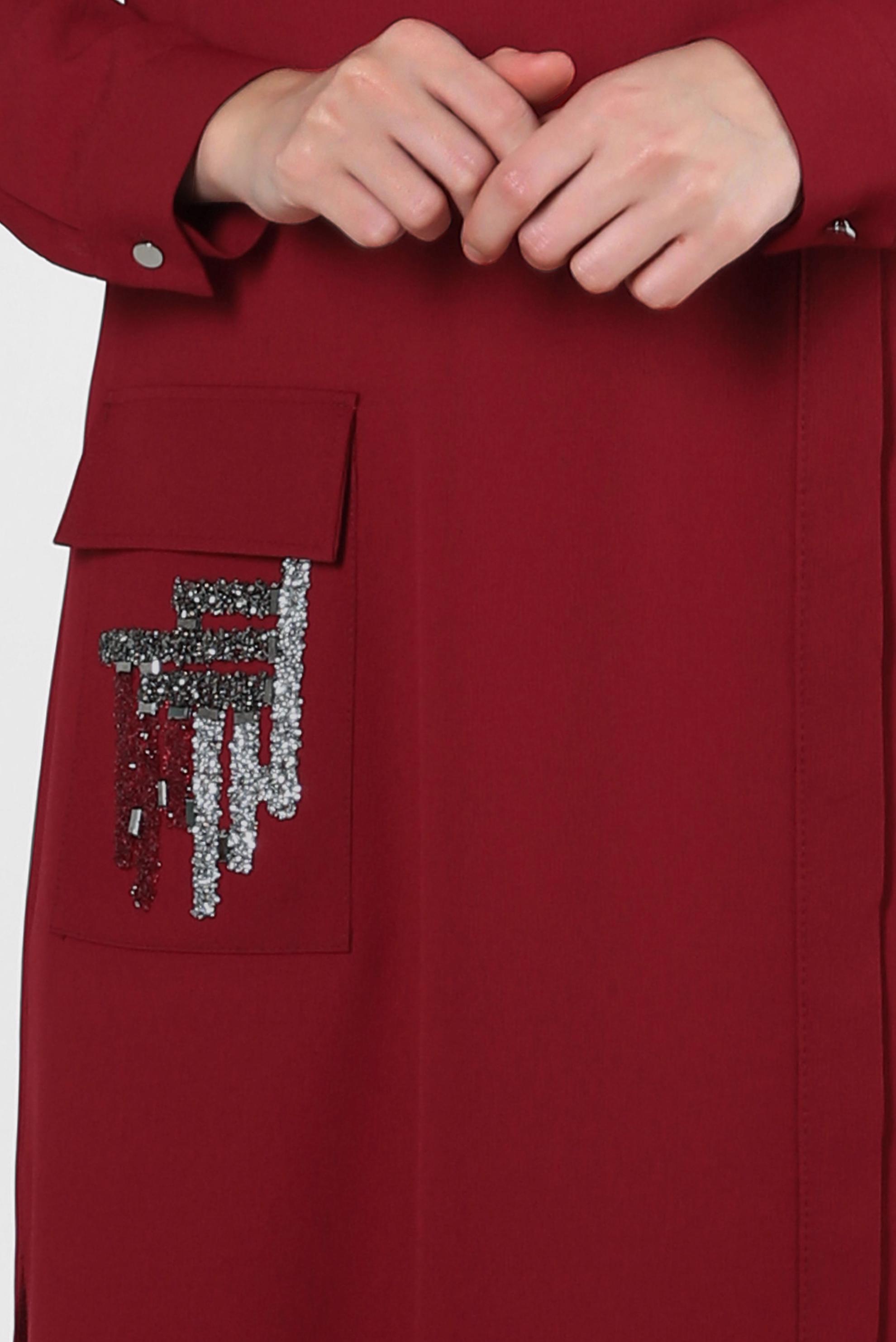 Tesettür giyim BORDO SİM DETAYLI CEPLİ TUNİK 43535