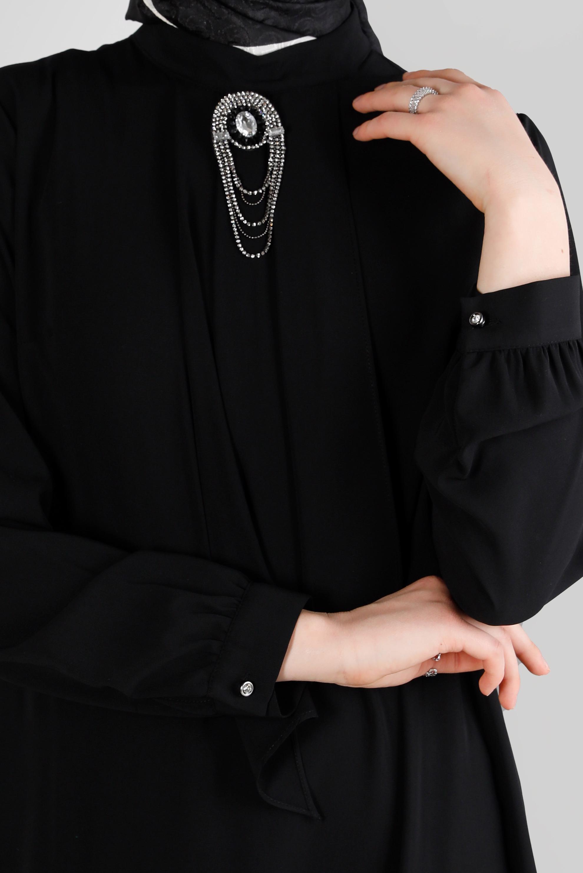 Tesettür giyim SİYAH AKSESUARLI FIRFIR DETAYLI TUNİK 43539