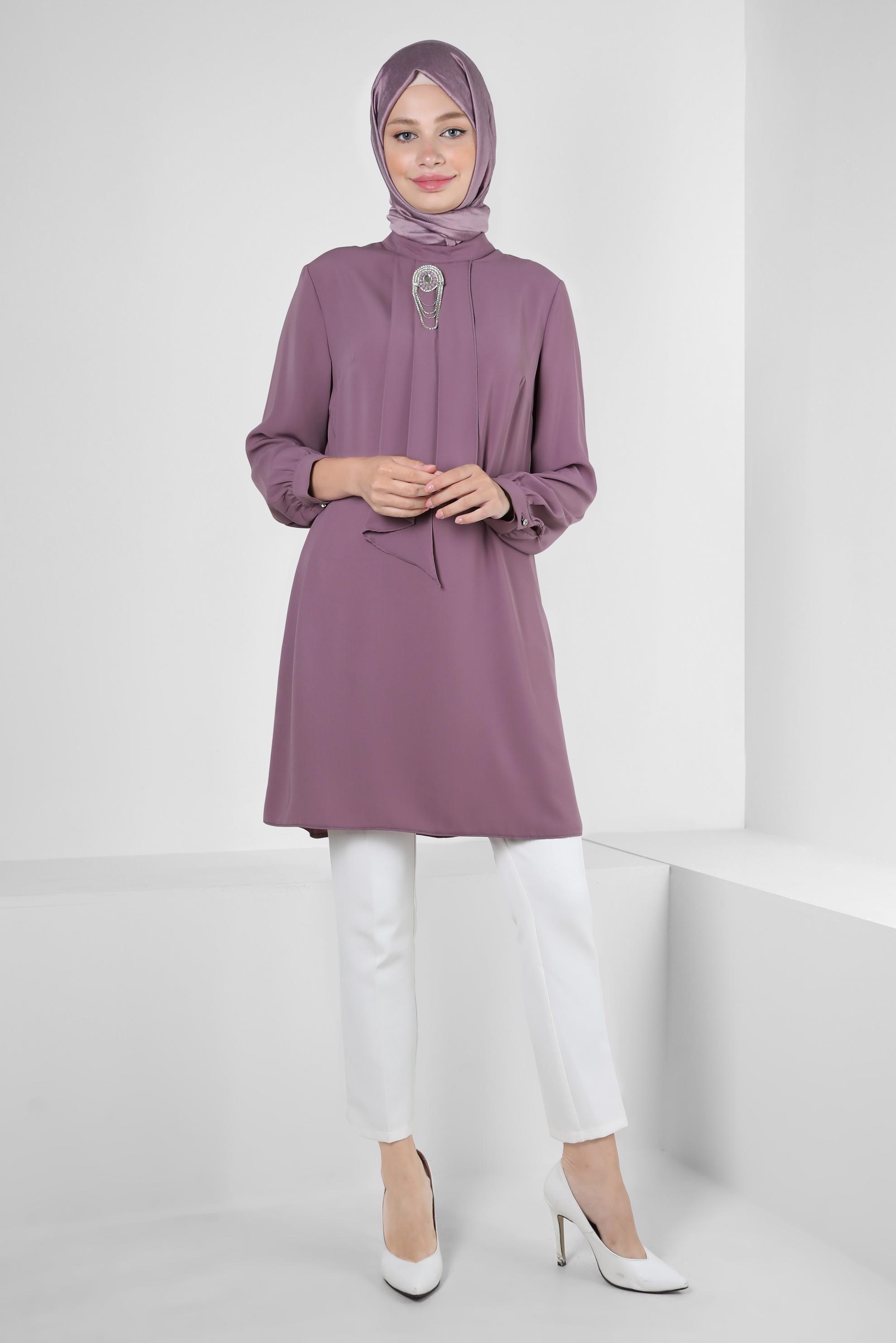 Tesettür giyim MOR AKSESUARLI FIRFIR DETAYLI TUNİK 43539