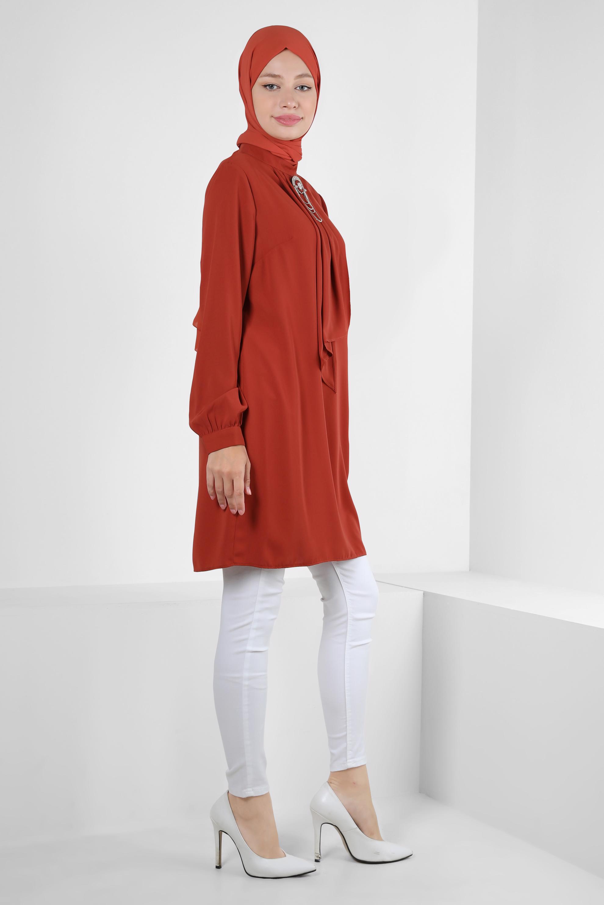 Tesettür giyim TURUNCU AKSESUARLI FIRFIR DETAYLI TUNİK 43539