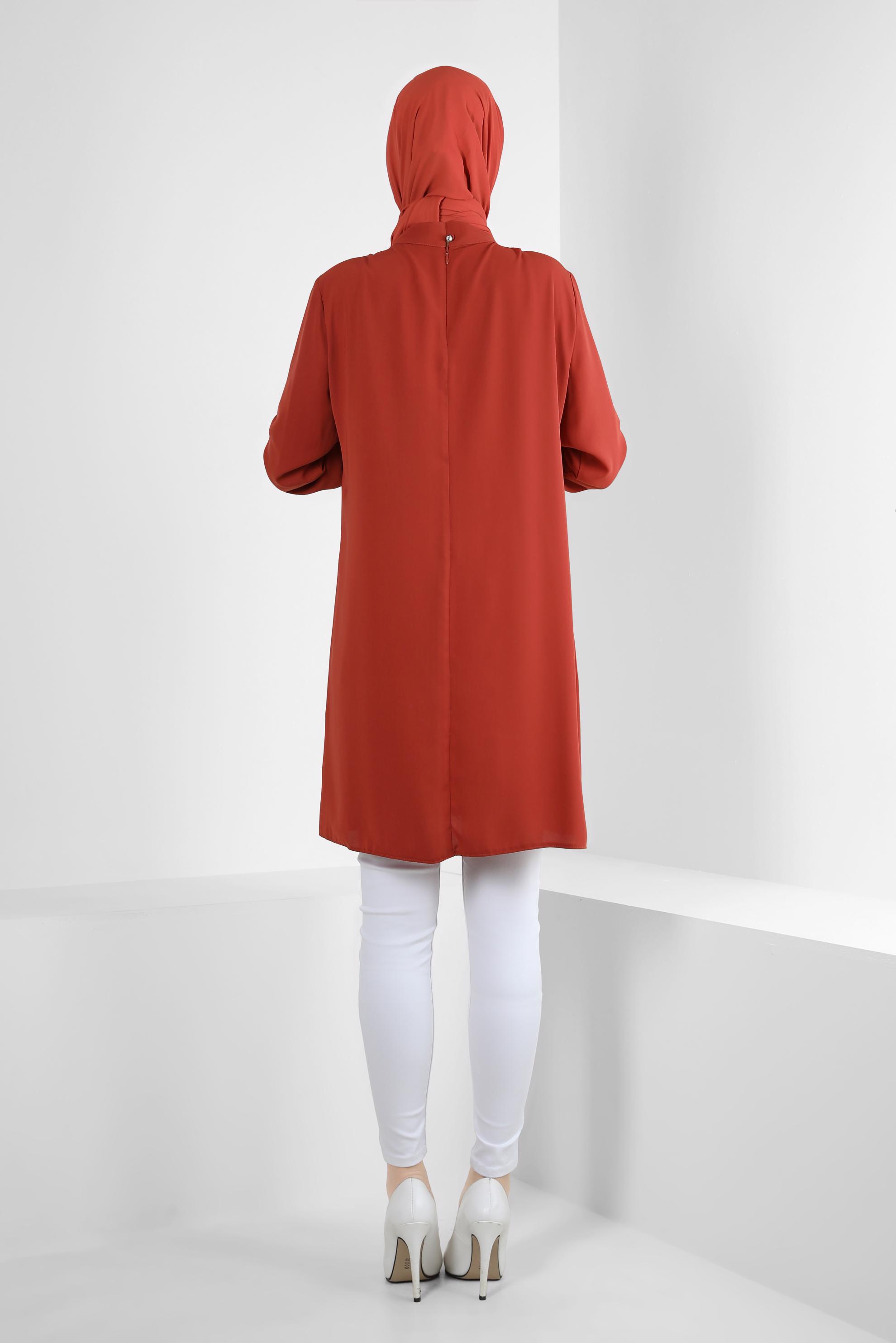 Tesettür giyim TURUNCU AKSESUARLI FIRFIR DETAYLI TUNİK 43539