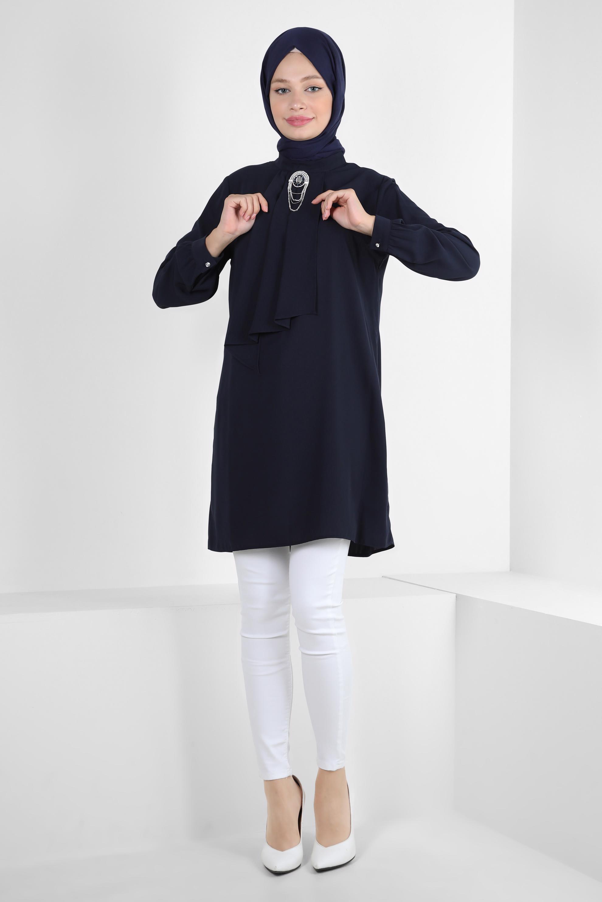 Tesettür giyim LACİVERT AKSESUARLI FIRFIR DETAYLI TUNİK 43539