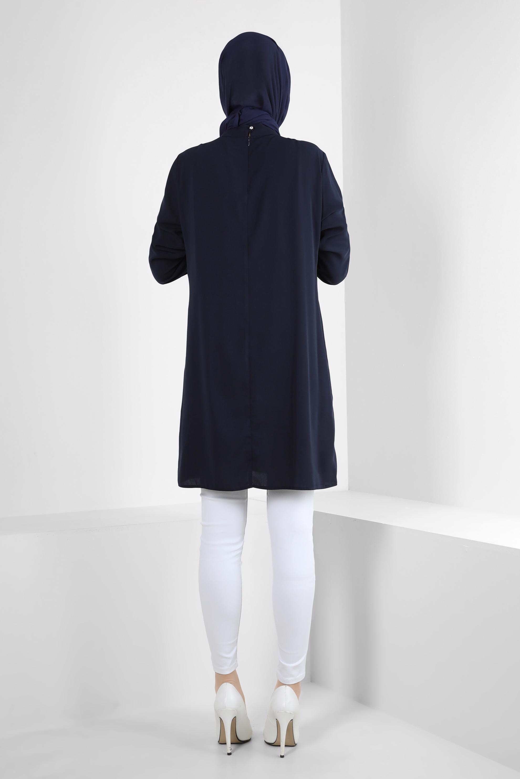 Tesettür giyim LACİVERT AKSESUARLI FIRFIR DETAYLI TUNİK 43539