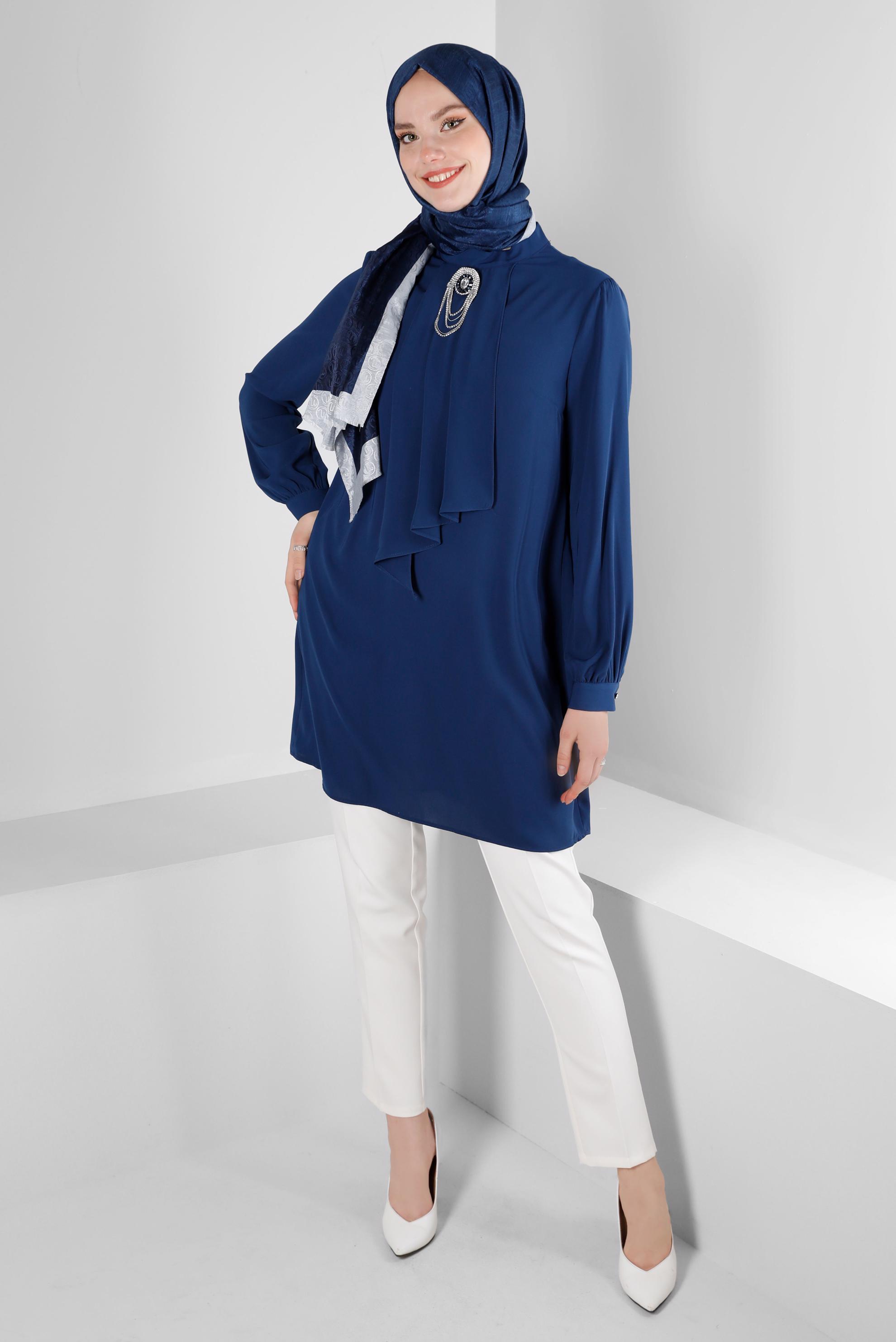 Tesettür giyim LACİVERT AKSESUARLI FIRFIR DETAYLI TUNİK 43539
