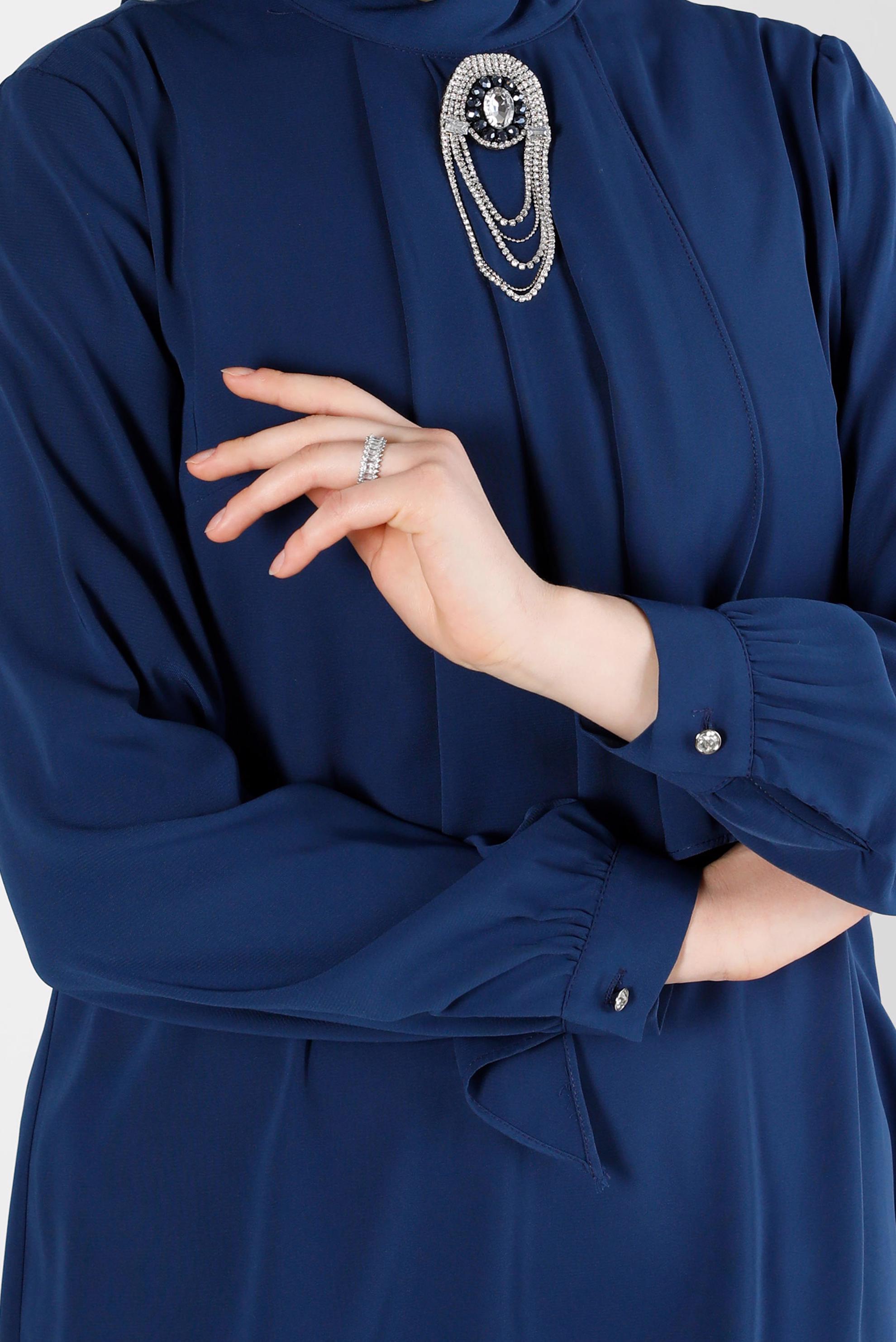 Tesettür giyim LACİVERT AKSESUARLI FIRFIR DETAYLI TUNİK 43539